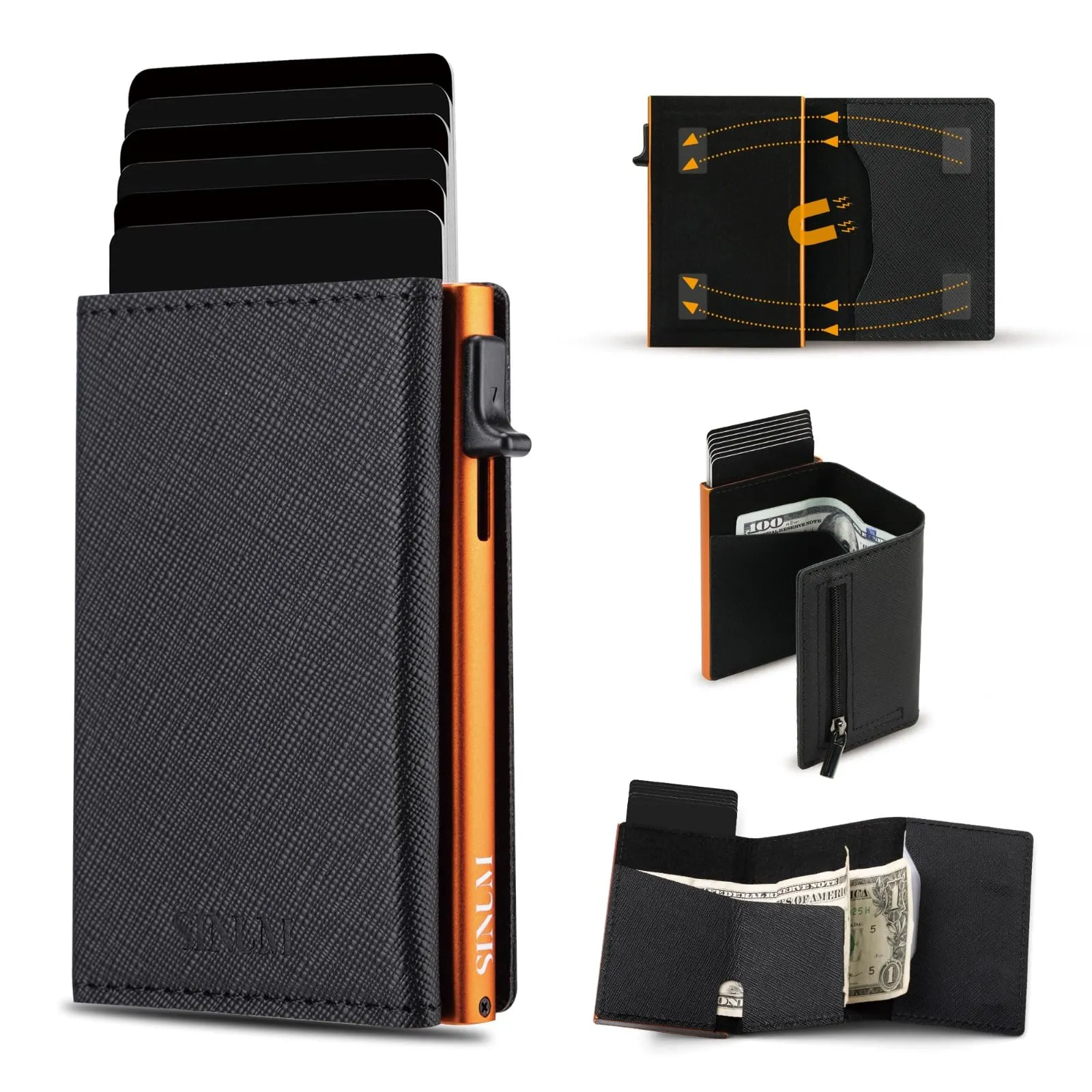 SINUM Portafoglio Saffiano - Chiusura Magnetica - Porta Carte Di Credito con Portamonete - Protezione RFID Anticlonazione - Brand Italiano (Saffiano, Nero/Arancione) - immagine 2