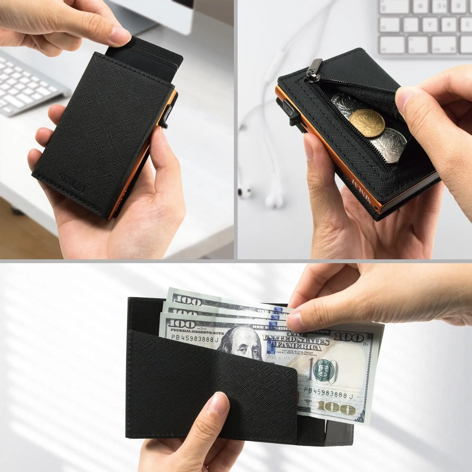 SINUM Portafoglio Saffiano - Chiusura Magnetica - Porta Carte Di Credito con Portamonete - Protezione RFID Anticlonazione - Brand Italiano (Saffiano, Nero/Arancione) - immagine 3
