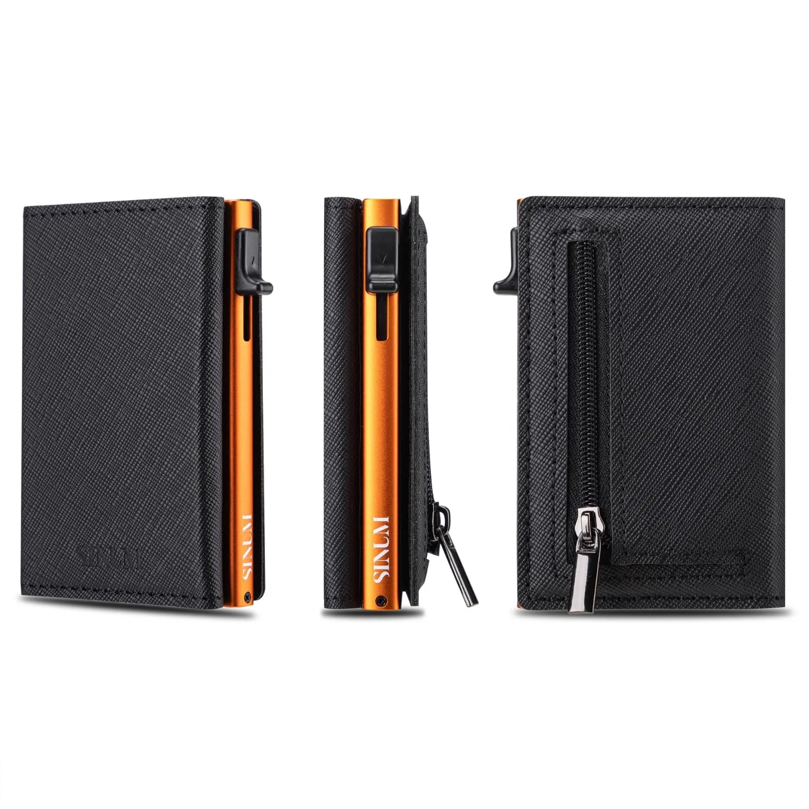 SINUM Portafoglio Saffiano - Chiusura Magnetica - Porta Carte Di Credito con Portamonete - Protezione RFID Anticlonazione - Brand Italiano (Saffiano, Nero/Arancione) - immagine 5