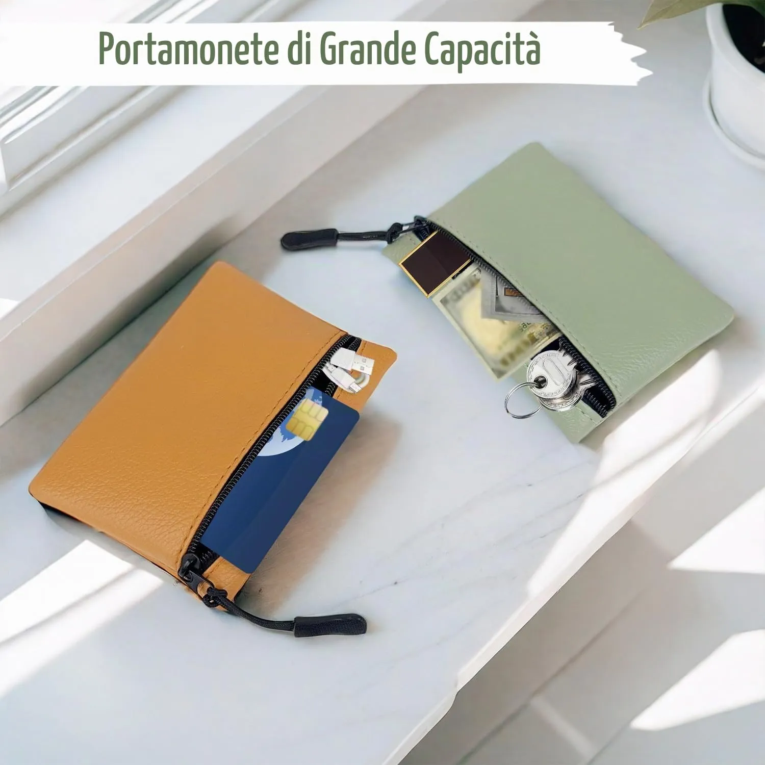 2 Pezzi Portamonete Con Cerniera in PU - Mini Portamonete Portatile per Donna, Uomo, Bambina, Ragazzi (Giallo+Verde) - immagine 6