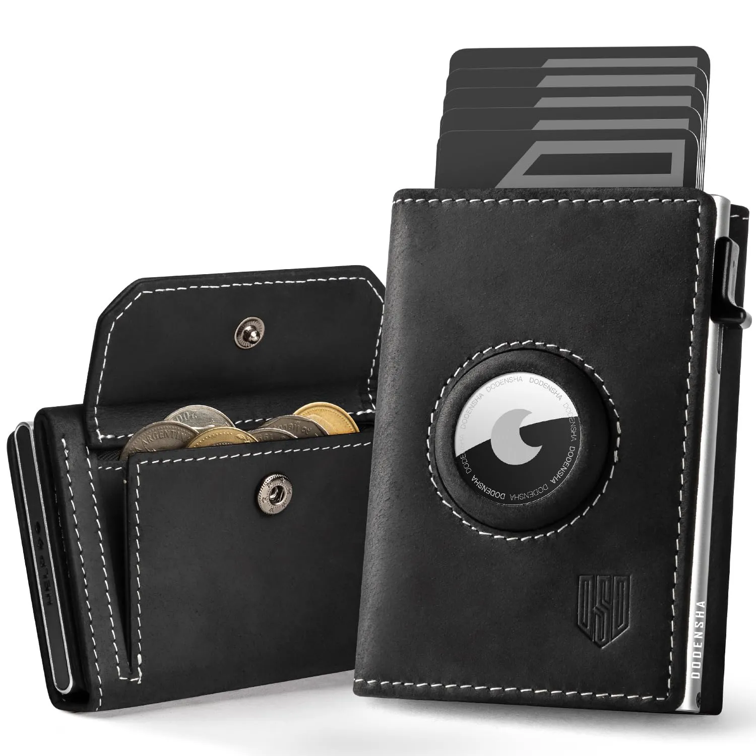 DODENSHA Airtag Wallet Portafoglio da uomo Smart Airtag con scomparto per monete, protezione RFID e capacità per oltre 10 carte di credito, design MagSnap (Nero Argento) - immagine 1