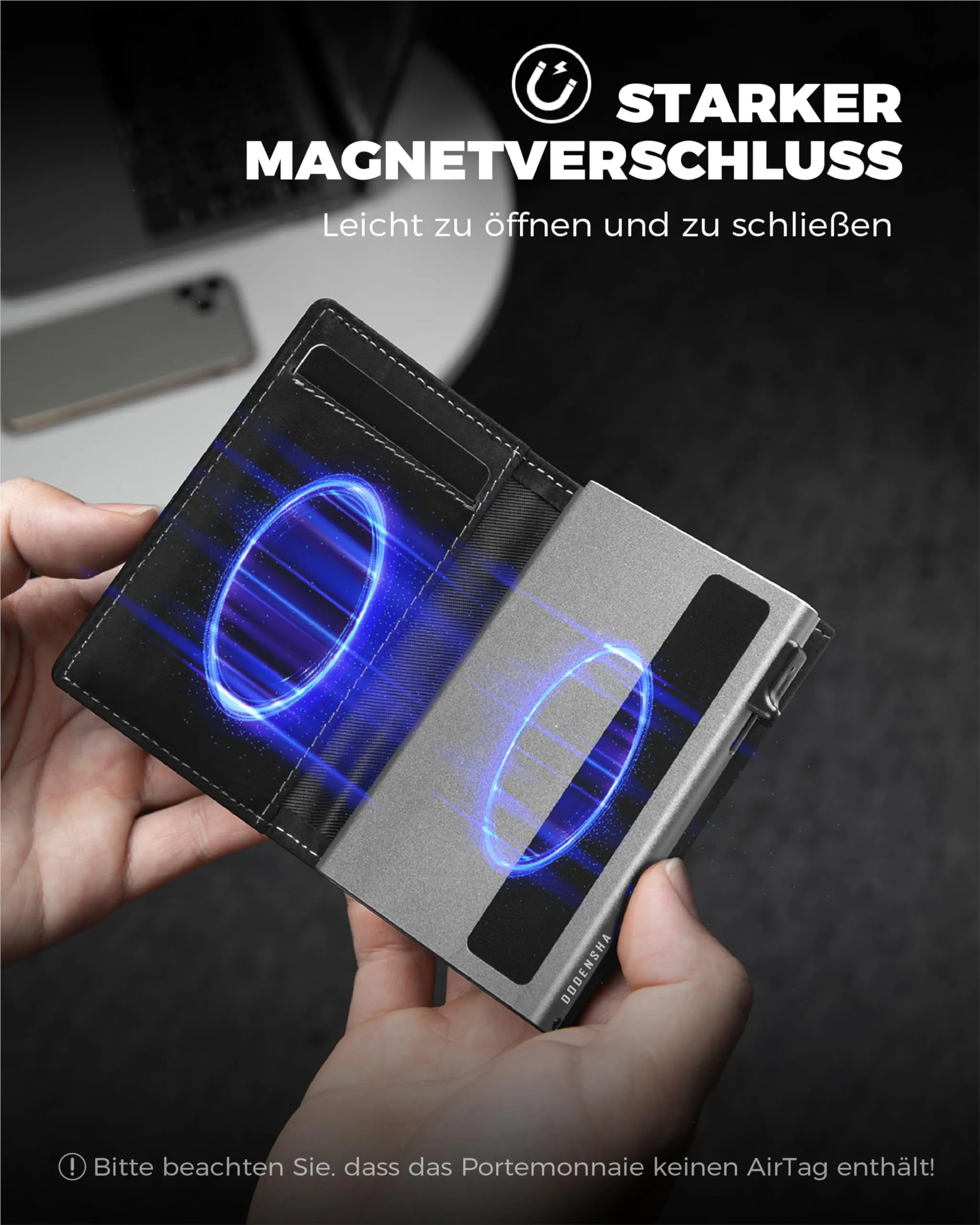 DODENSHA Airtag Wallet Portafoglio da uomo Smart Airtag con scomparto per monete, protezione RFID e capacità per oltre 10 carte di credito, design MagSnap (Nero Argento) - immagine 2
