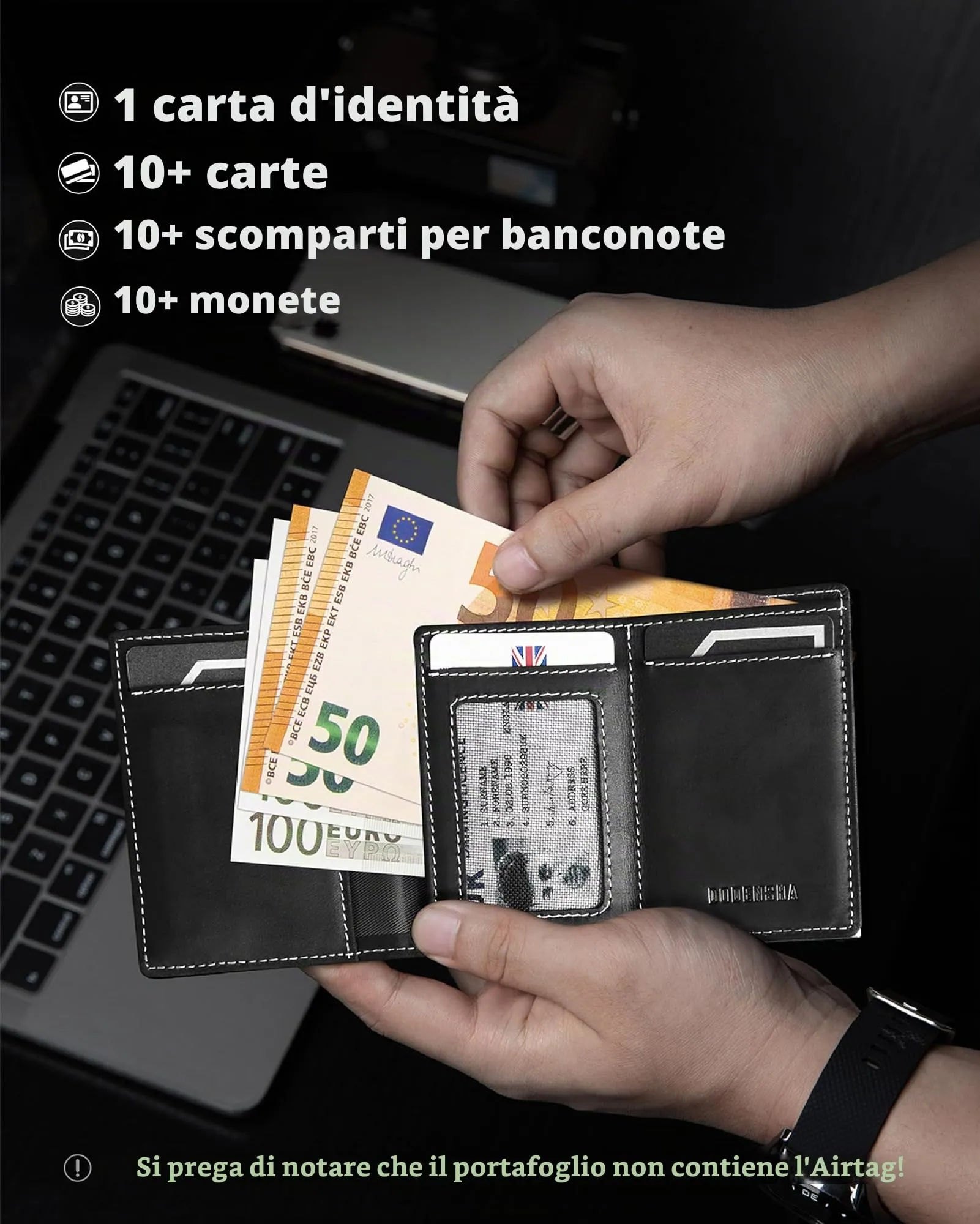 DODENSHA Airtag Wallet Portafoglio da uomo Smart Airtag con scomparto per monete, protezione RFID e capacità per oltre 10 carte di credito, design MagSnap (Nero Argento) - immagine 5
