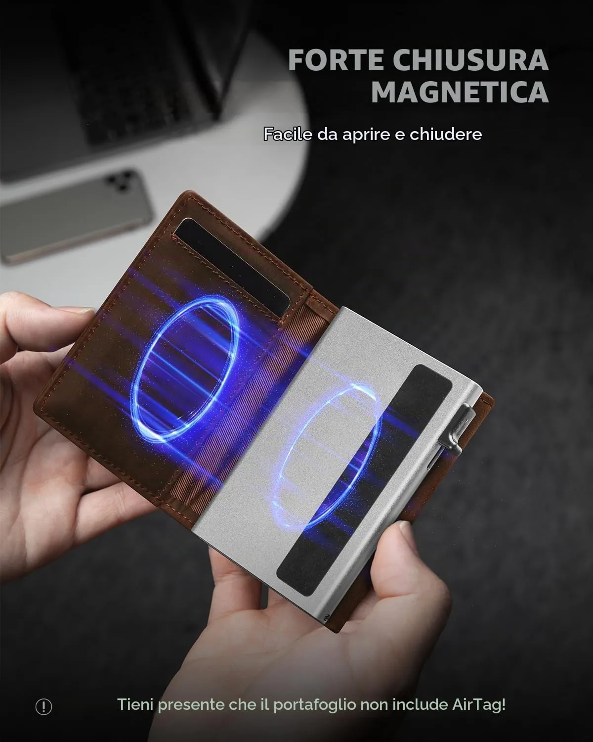 DODENSHA Airtag Wallet Portafoglio da uomo Smart Airtag con scomparto per monete, protezione RFID e capacità per oltre 10 carte di credito, design MagSnap (Marrone Argento) - immagine 2