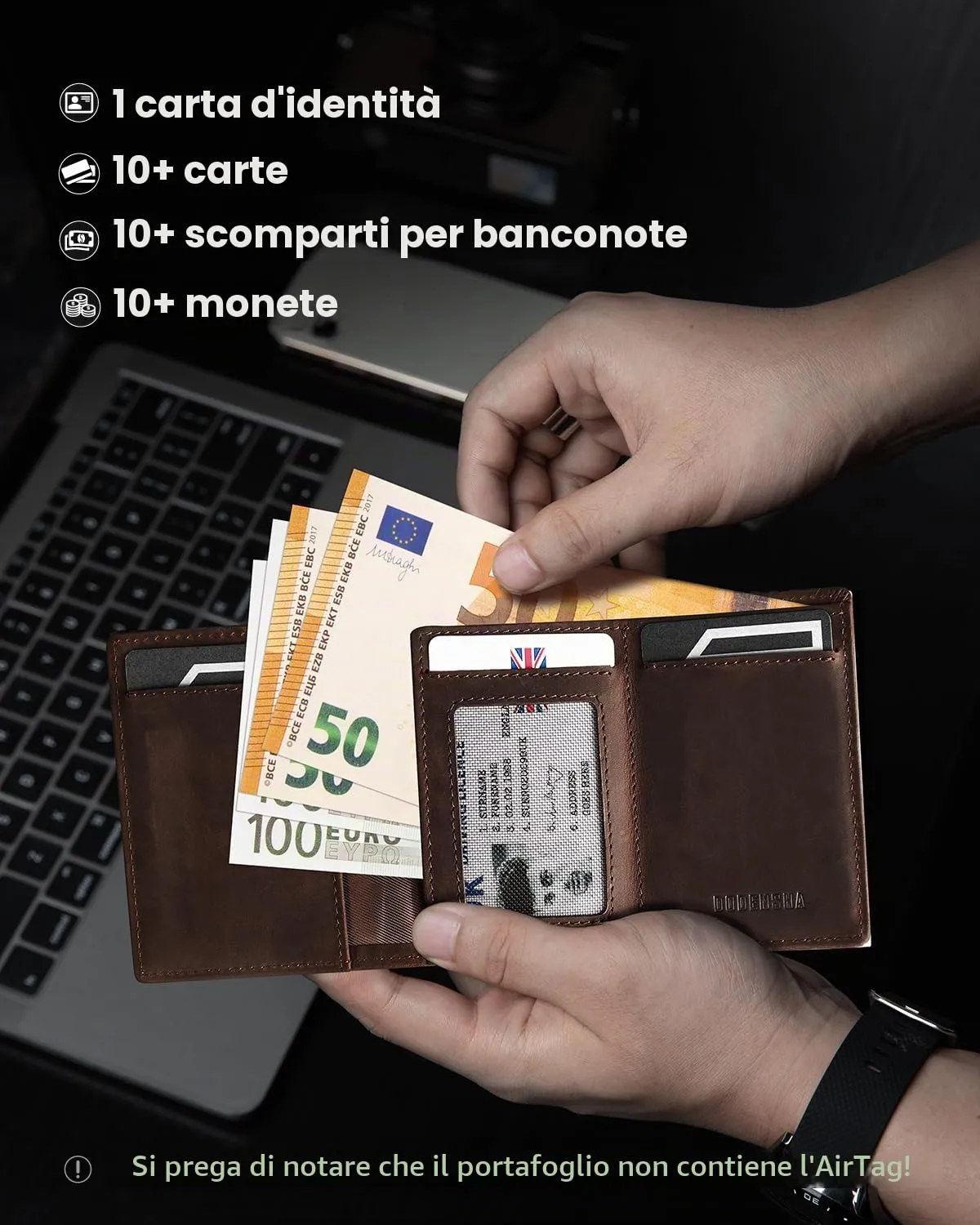 DODENSHA Airtag Wallet Portafoglio da uomo Smart Airtag con scomparto per monete, protezione RFID e capacità per oltre 10 carte di credito, design MagSnap (Marrone Argento) - immagine 5