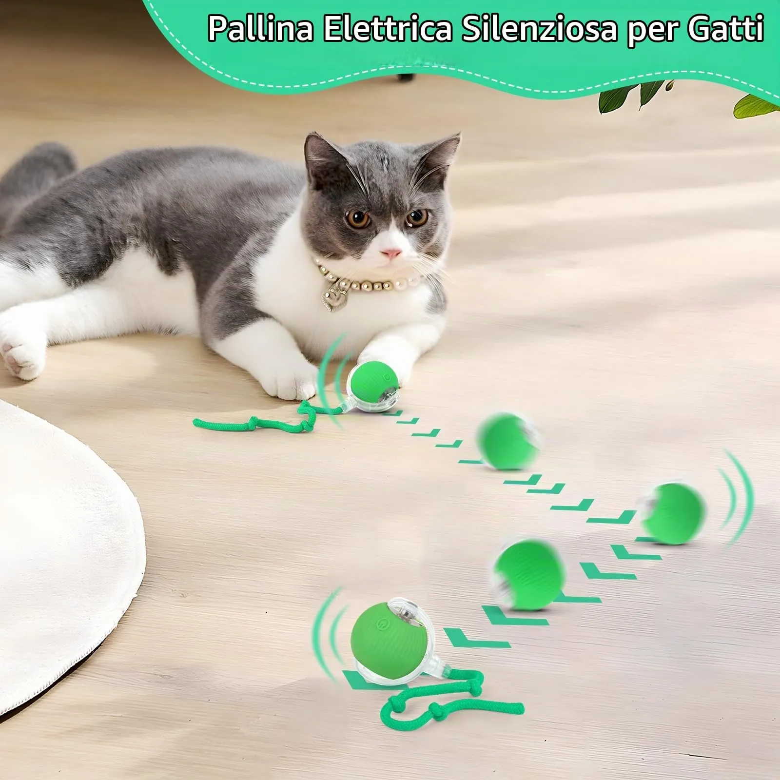 KEWUZY Giocattolo elettrico per gatto, interattivo con LED, palla a 360 gradi, automatica con corda, ricaricabile USB (verde) - immagine 2