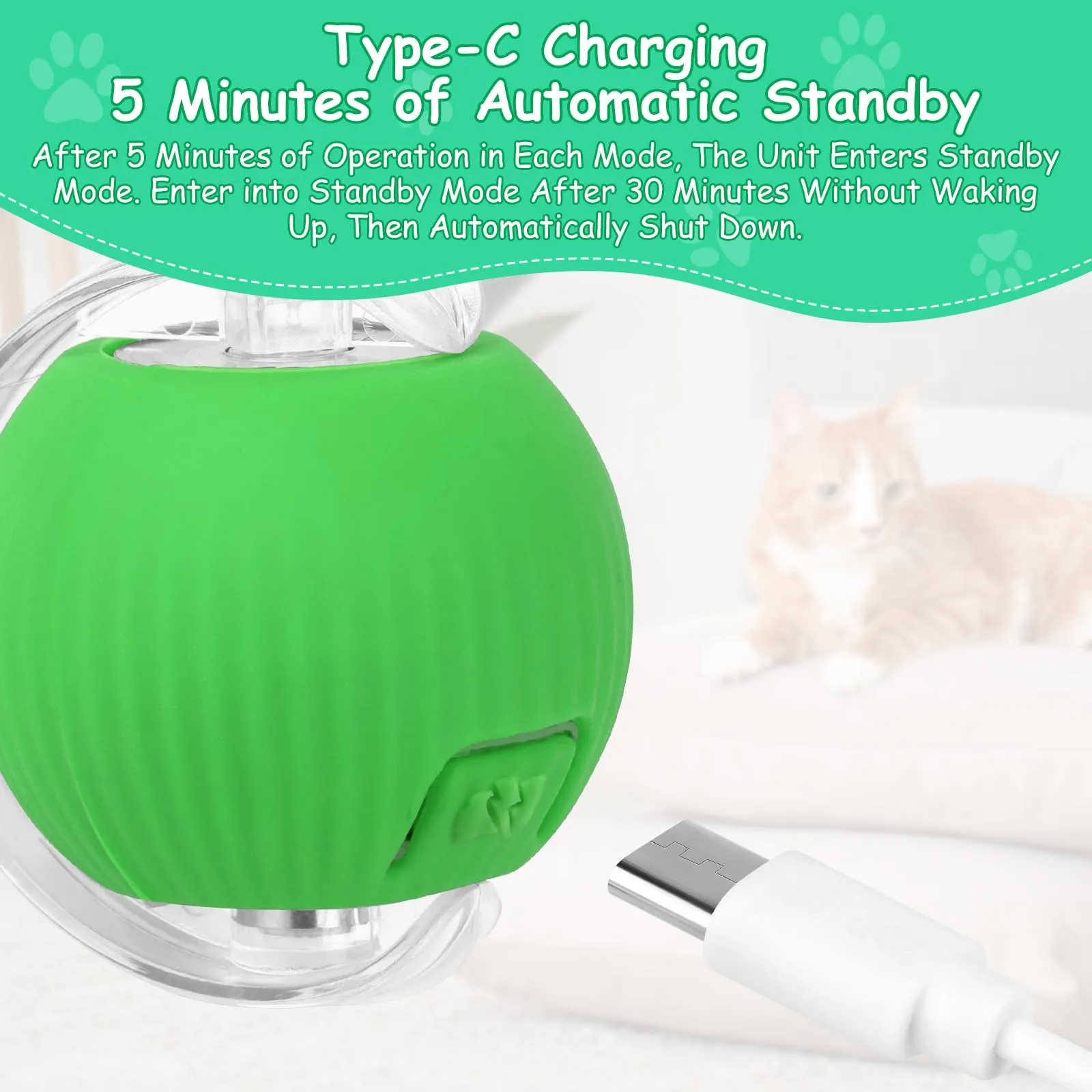 KEWUZY Giocattolo elettrico per gatto, interattivo con LED, palla a 360 gradi, automatica con corda, ricaricabile USB (verde) - immagine 4