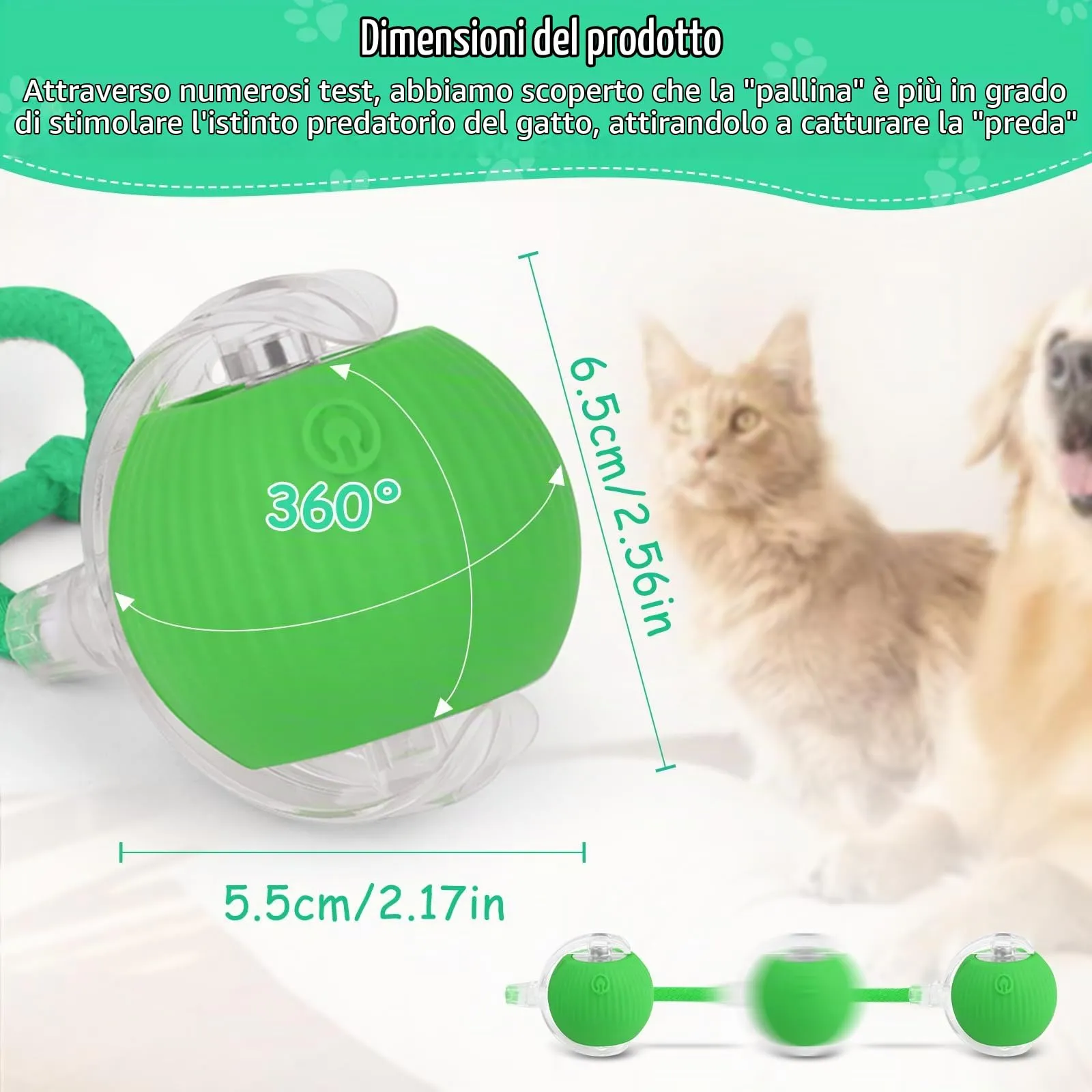 KEWUZY Giocattolo elettrico per gatto, interattivo con LED, palla a 360 gradi, automatica con corda, ricaricabile USB (verde) - immagine 5