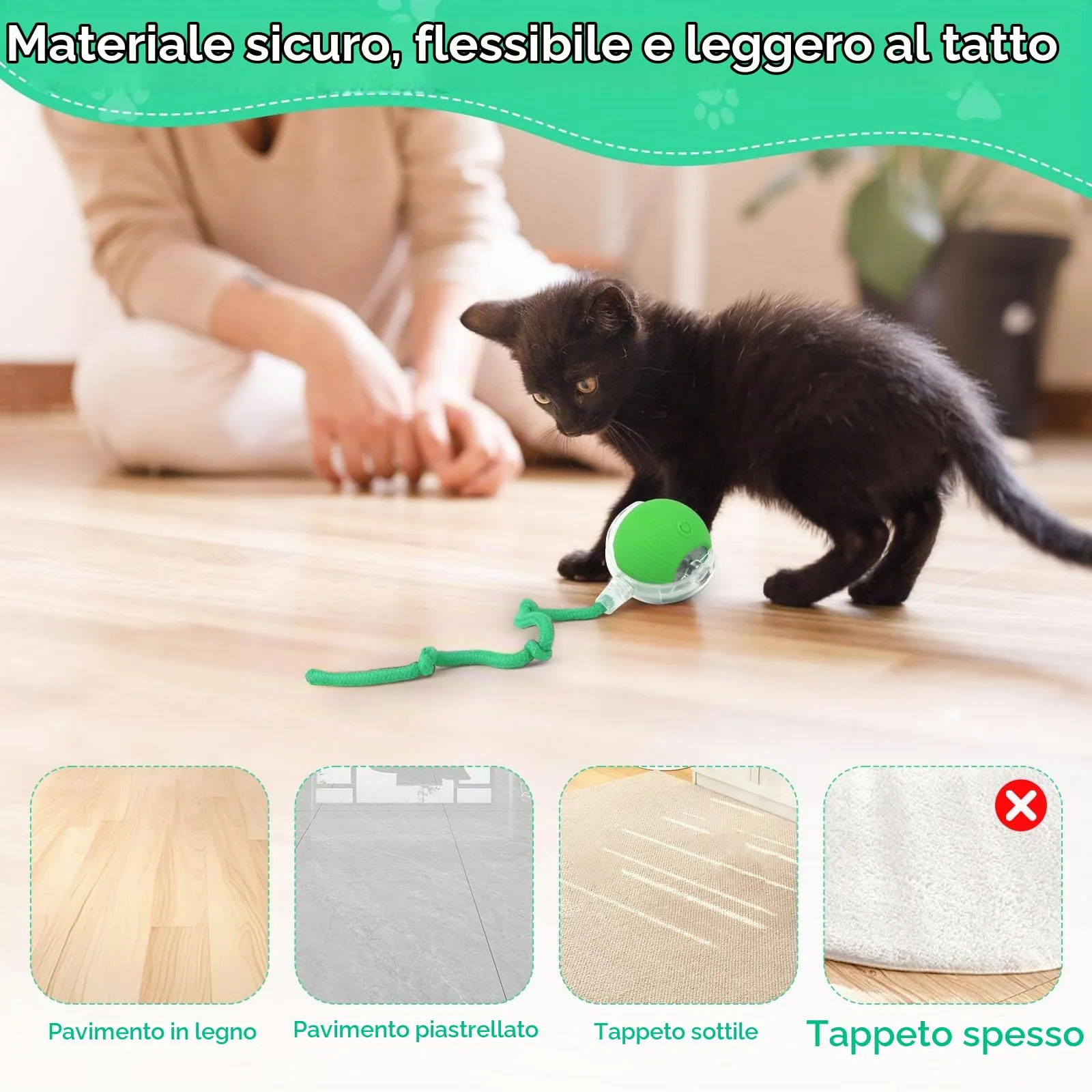 KEWUZY Giocattolo elettrico per gatto, interattivo con LED, palla a 360 gradi, automatica con corda, ricaricabile USB (verde) - immagine 6