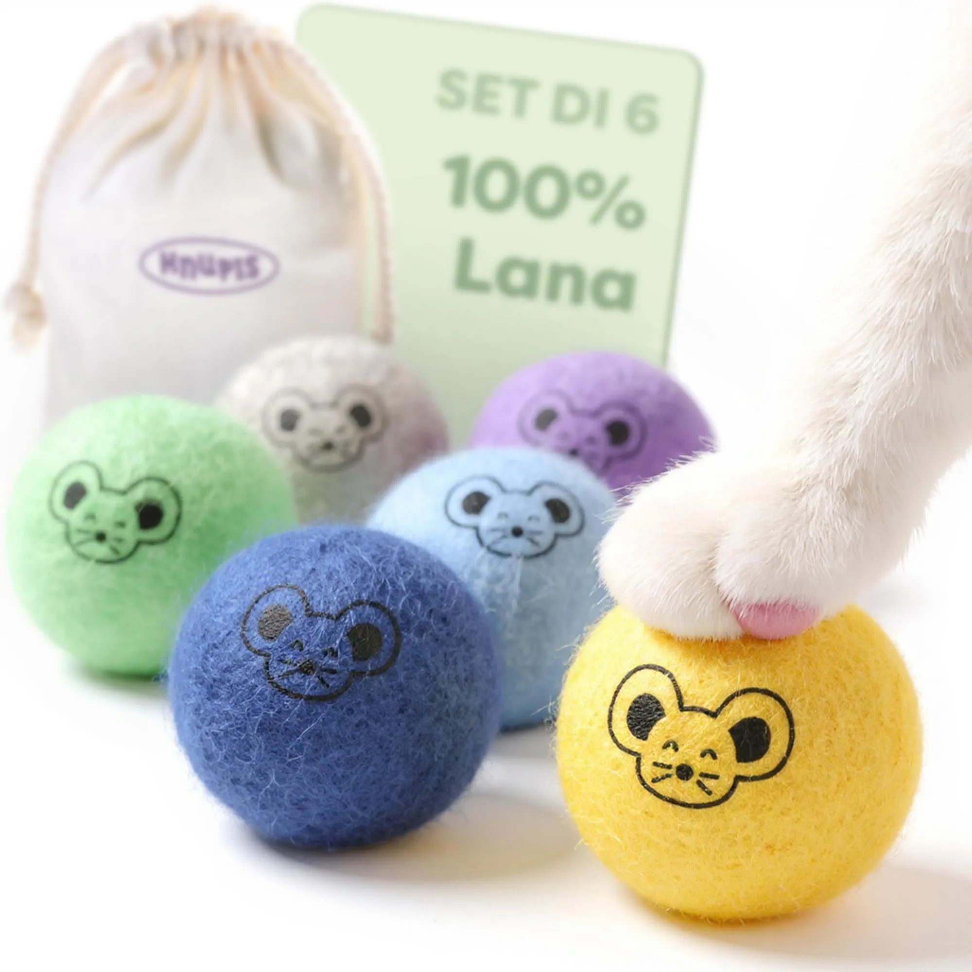 Knupis 6 Palline di per Gatti e Gattini con Sacchetto – Gioco Silenzioso in 100% Lana – Giocattolo Robusto e Durevole – Palline Ben Visibili per Gatti e Kitten - immagine 1