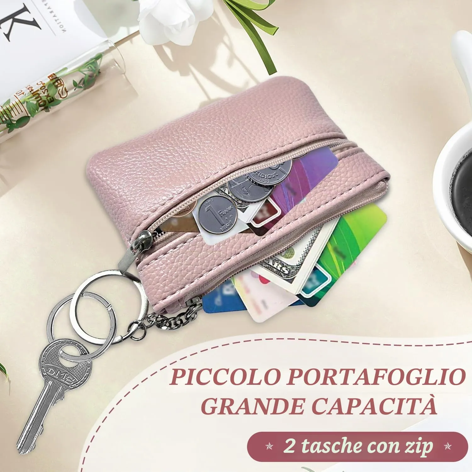 2 pezzi Portamonete, Portamonete con cerniera Donna Portachiavi Piccolo Portamonete Ragazza Ragazzi Portamonete Portatile Mini Portamonete per Donna Uomo (Nero+Rosa) - immagine 3