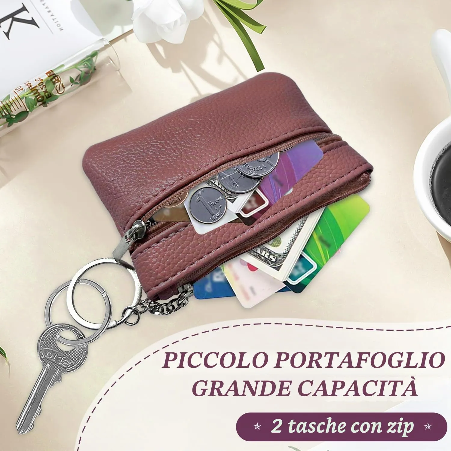 2 pezzi Portamonete, Portamonete con cerniera Donna Portachiavi Piccolo Portamonete Ragazza Ragazzi Portamonete Portatile Mini Portamonete per Donna Uomo (Viola+Rosa) - immagine 3