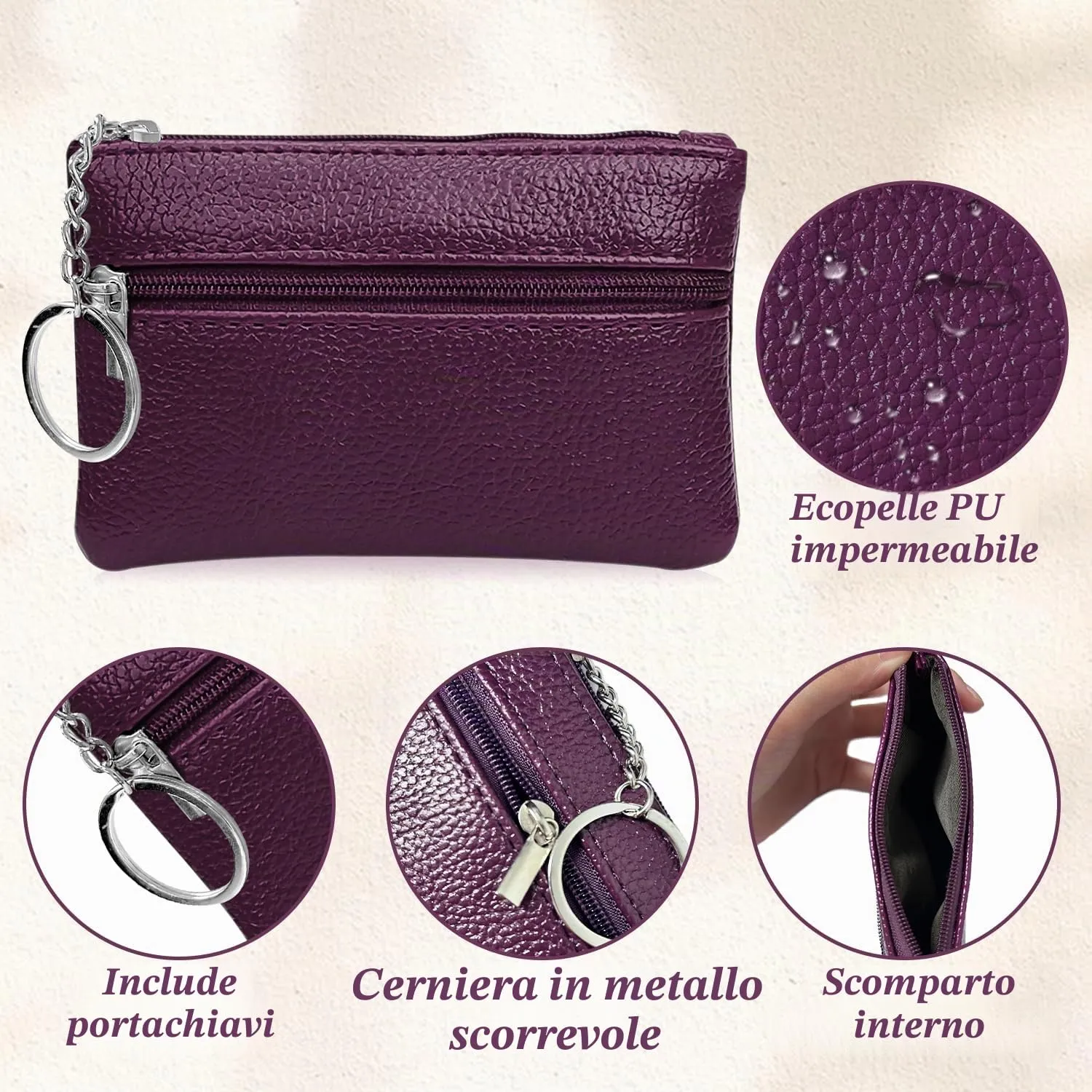 2 pezzi Portamonete, Portamonete con cerniera Donna Portachiavi Piccolo Portamonete Ragazza Ragazzi Portamonete Portatile Mini Portamonete per Donna Uomo (Viola+Rosa) - immagine 4