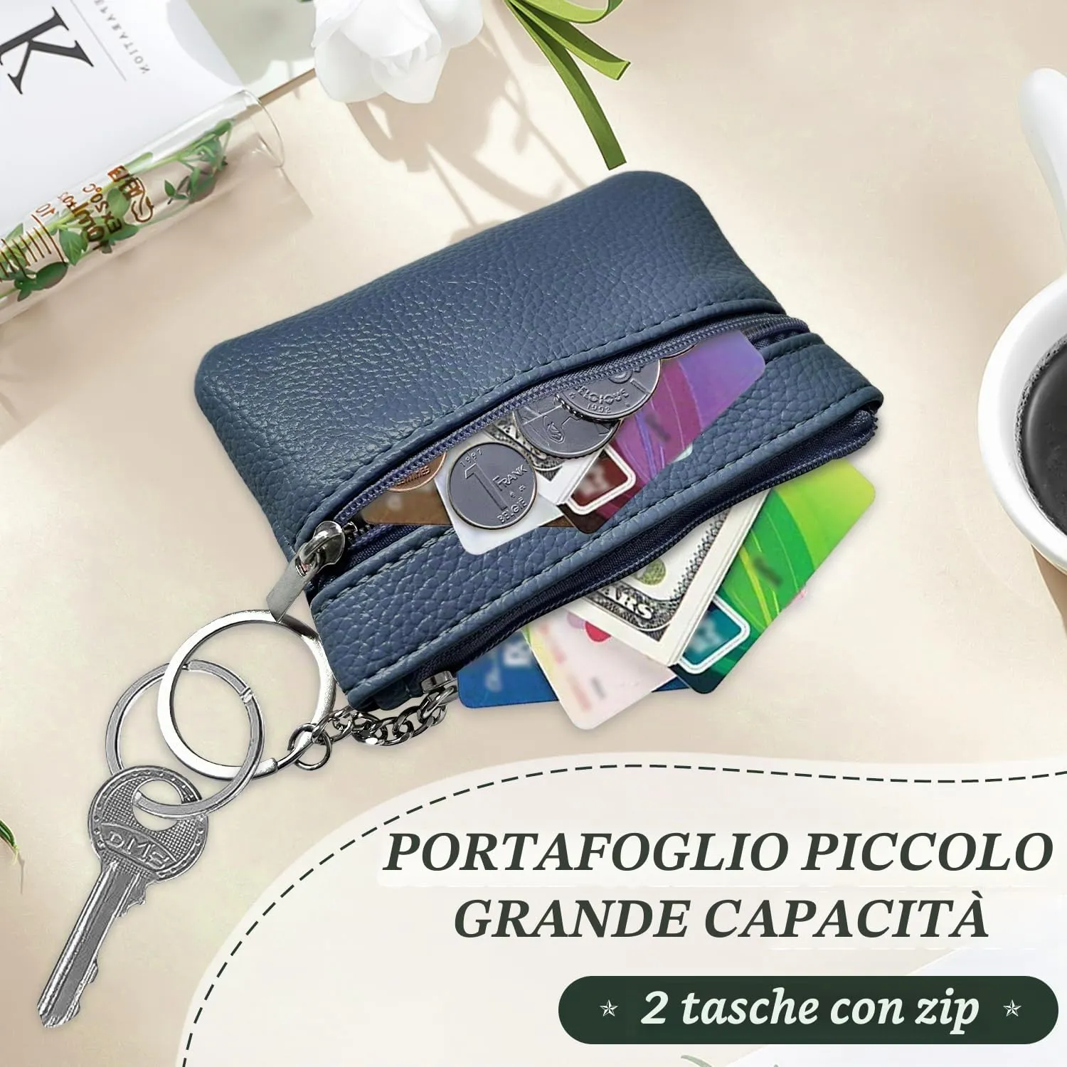 2 Pezzi Portamonete con Cerniera, Portachiavi Piccolo Mini Portatile per Donna Uomo Ragazza Ragazzi (Blu+Verde) - immagine 3