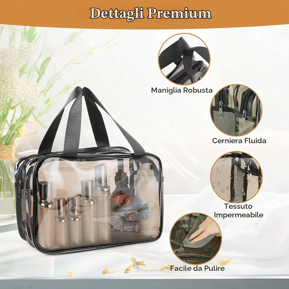 Aucuu Borse Da Toilette Trasparente, Beauty Case Trasparente, PVC Trousse da Viaggio, Borsa Cosmetici con separazione tra asciutto e bagnato, Cosmetici Trucco Portatile per Piscina, Viaggio - immagine 3