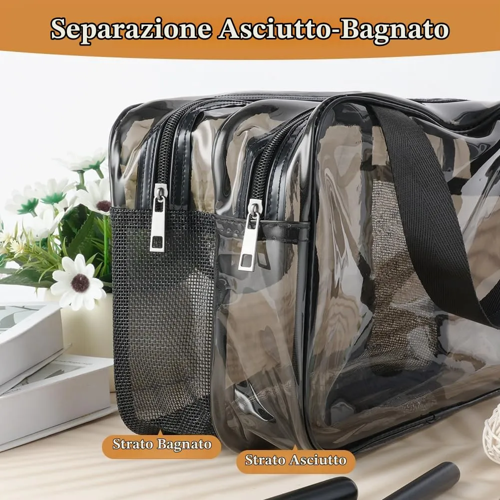 Aucuu Borse Da Toilette Trasparente, Beauty Case Trasparente, PVC Trousse da Viaggio, Borsa Cosmetici con separazione tra asciutto e bagnato, Cosmetici Trucco Portatile per Piscina, Viaggio - immagine 4