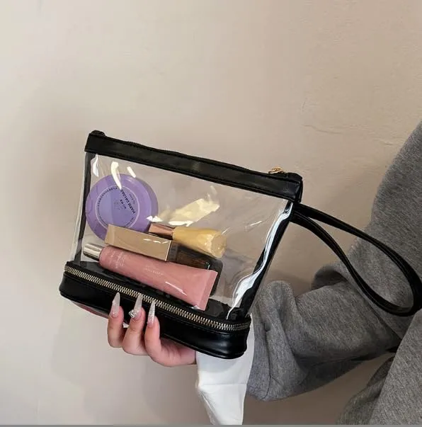 Aucuu Beauty Case, Pochette Trucchi Trasparente, Borse da Toilette Impermeabile in PVC, Toiletry Make Up Bag, Organizer da Viaggio di trasparente, Cosmetici Organizer per Donne e Ragazze - immagine 2