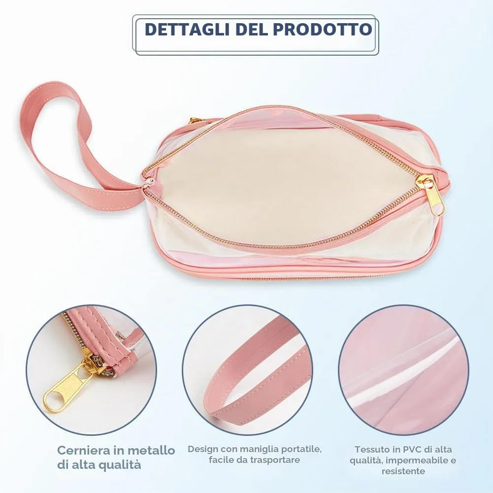 Aucuu Beauty Case, Pochette Trucchi Trasparente, Borse da Toilette Impermeabile in PVC, Toiletry Make Up Bag, Organizer da Viaggio di trasparente, Cosmetici Organizer per Donne e Ragazze - immagine 4