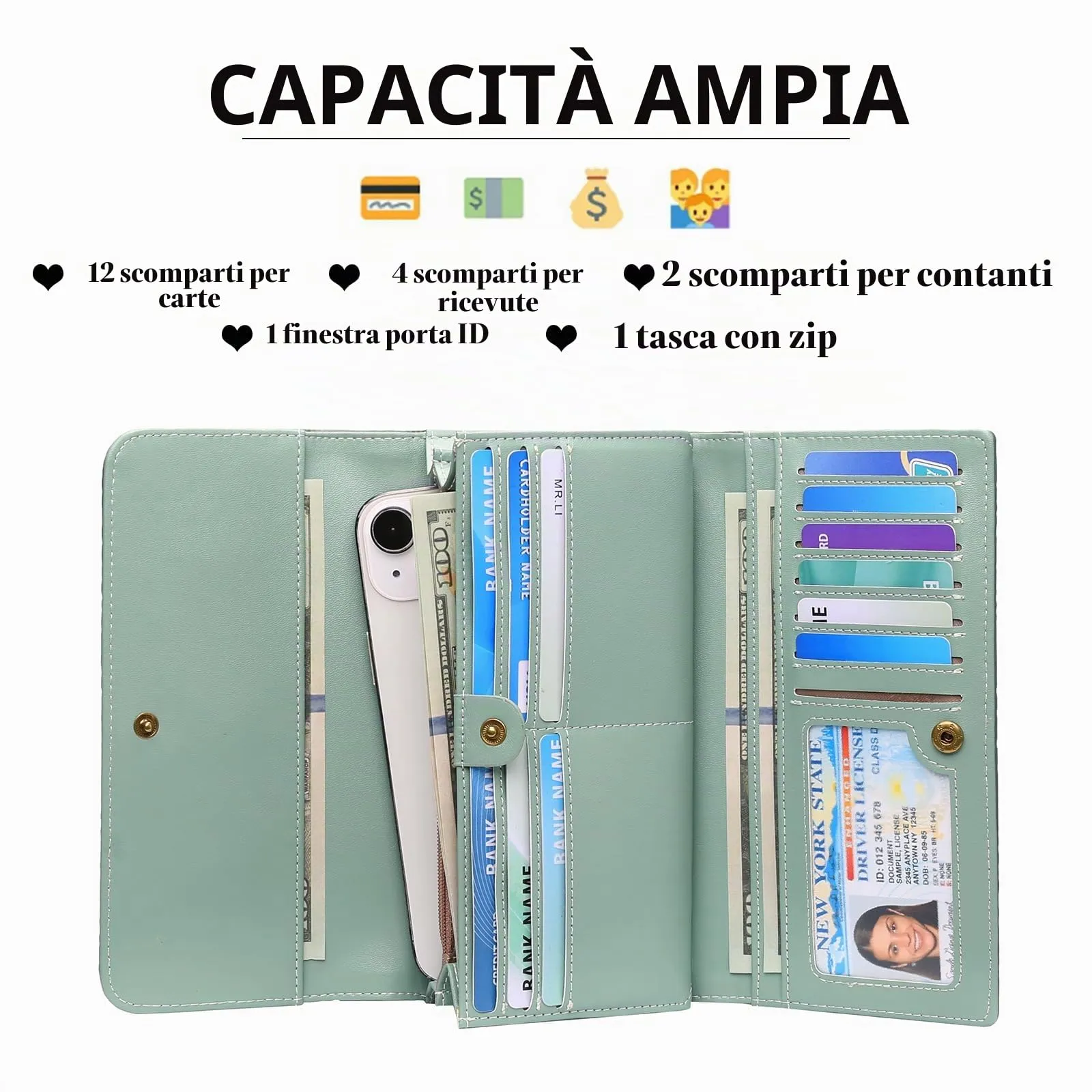 GOIACII Portafoglio Donna Lungo in Pelle, Grande Capacità, Blocco RFID, 13 Scomparti per Carte - immagine 2