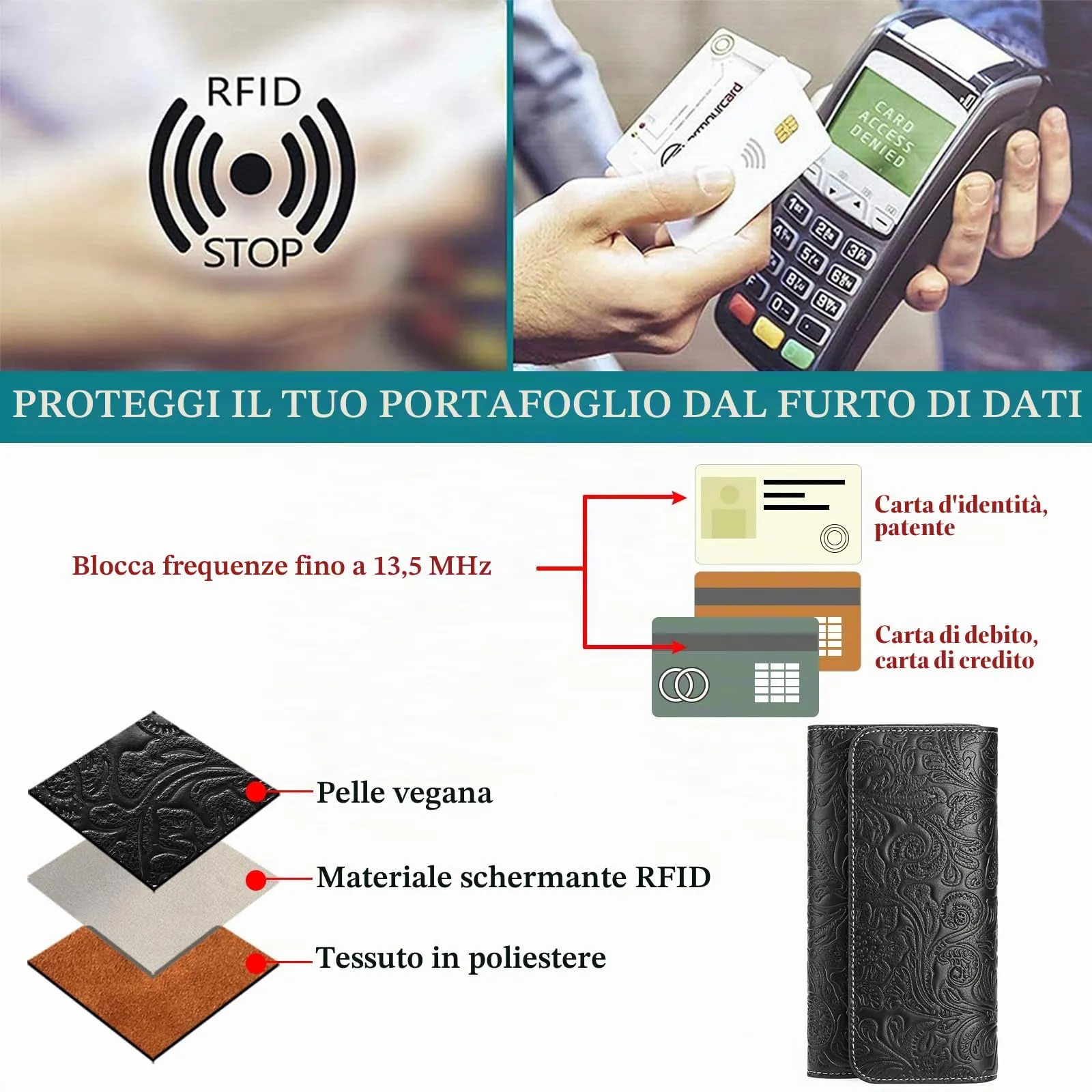 GOIACII Portafoglio Donna Lungo in Pelle, Grande Capacità, Blocco RFID, 16 Scomparti per Carte - immagine 6