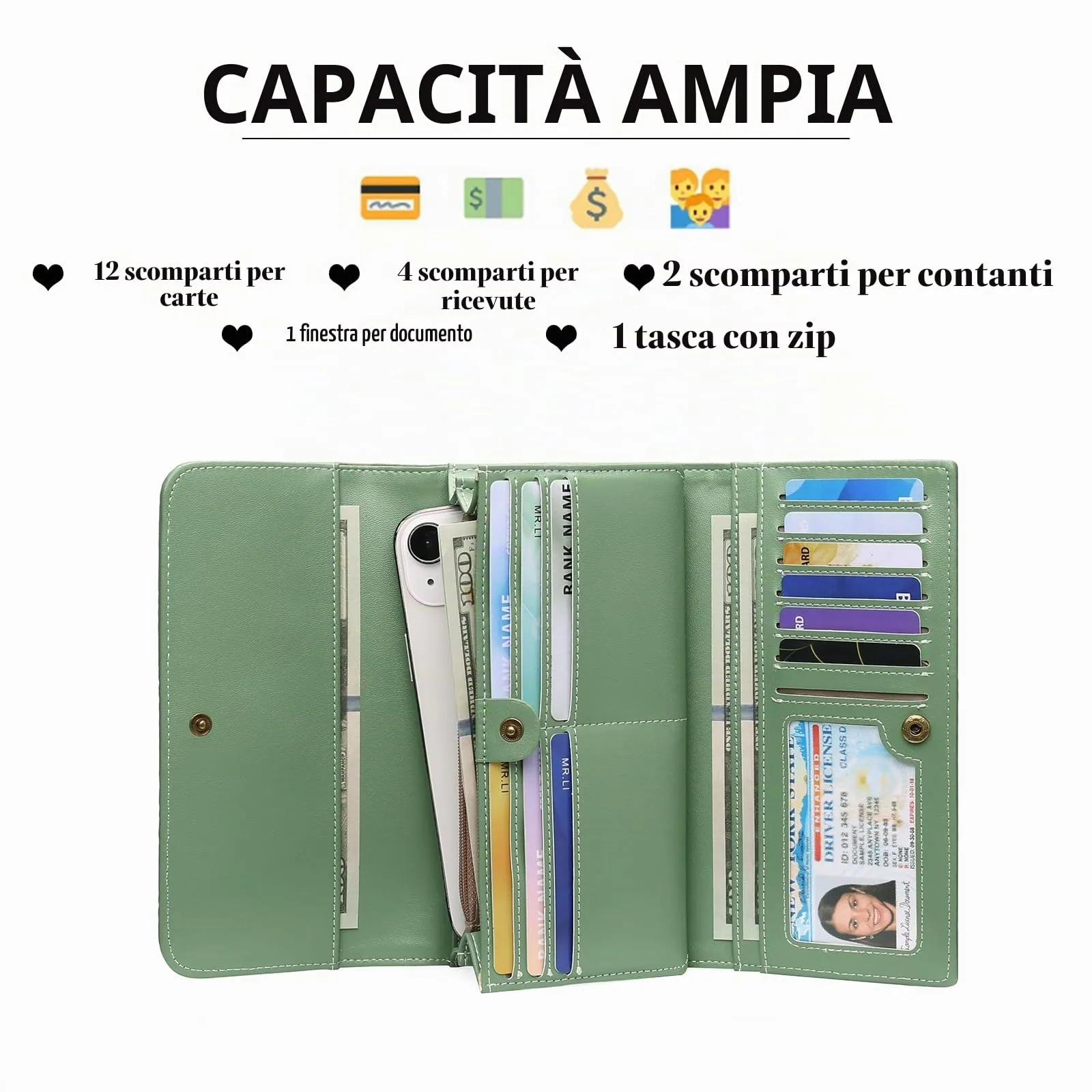 GOIACII Portafoglio Donna Lungo in Pelle, Grande Capacità, Blocco RFID, 15 Scomparti per Carte - immagine 2