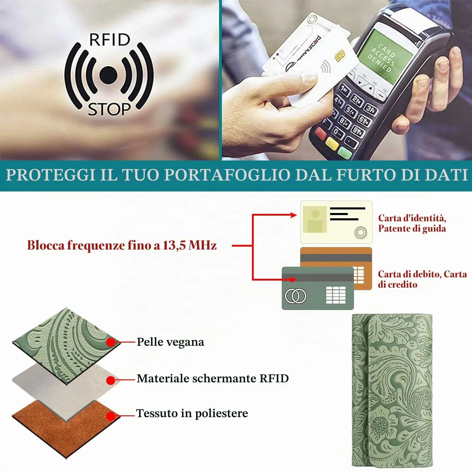 GOIACII Portafoglio Donna Lungo in Pelle, Grande Capacità, Blocco RFID, 15 Scomparti per Carte - immagine 6