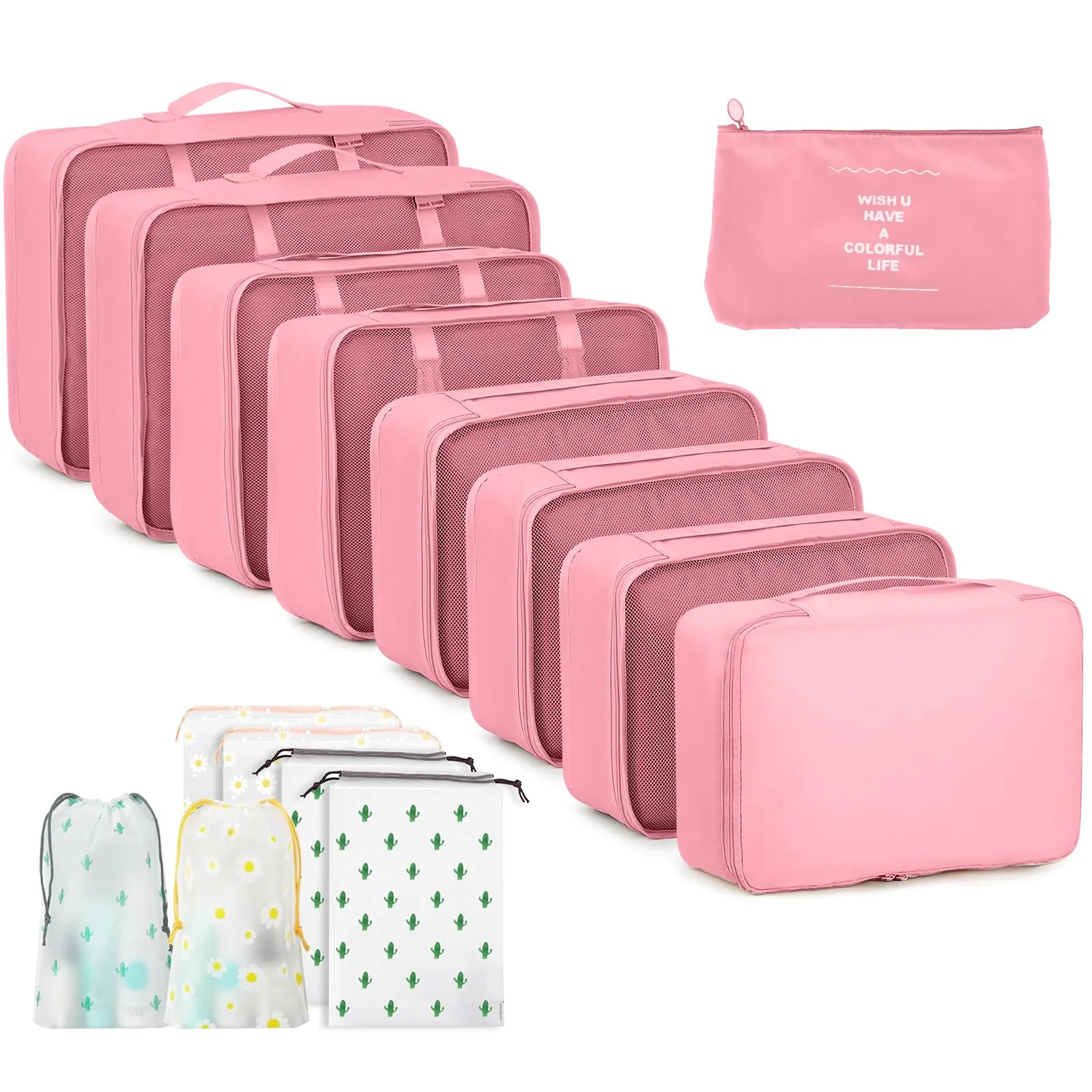 GIBOHOM Organizer Valigia, 15 Pezzi Set Organizer per Valigia, Packing Cubes per Vacanze e Viaggi, Divisori Valigia con Tasche Trasparenti, Rosa - immagine 1