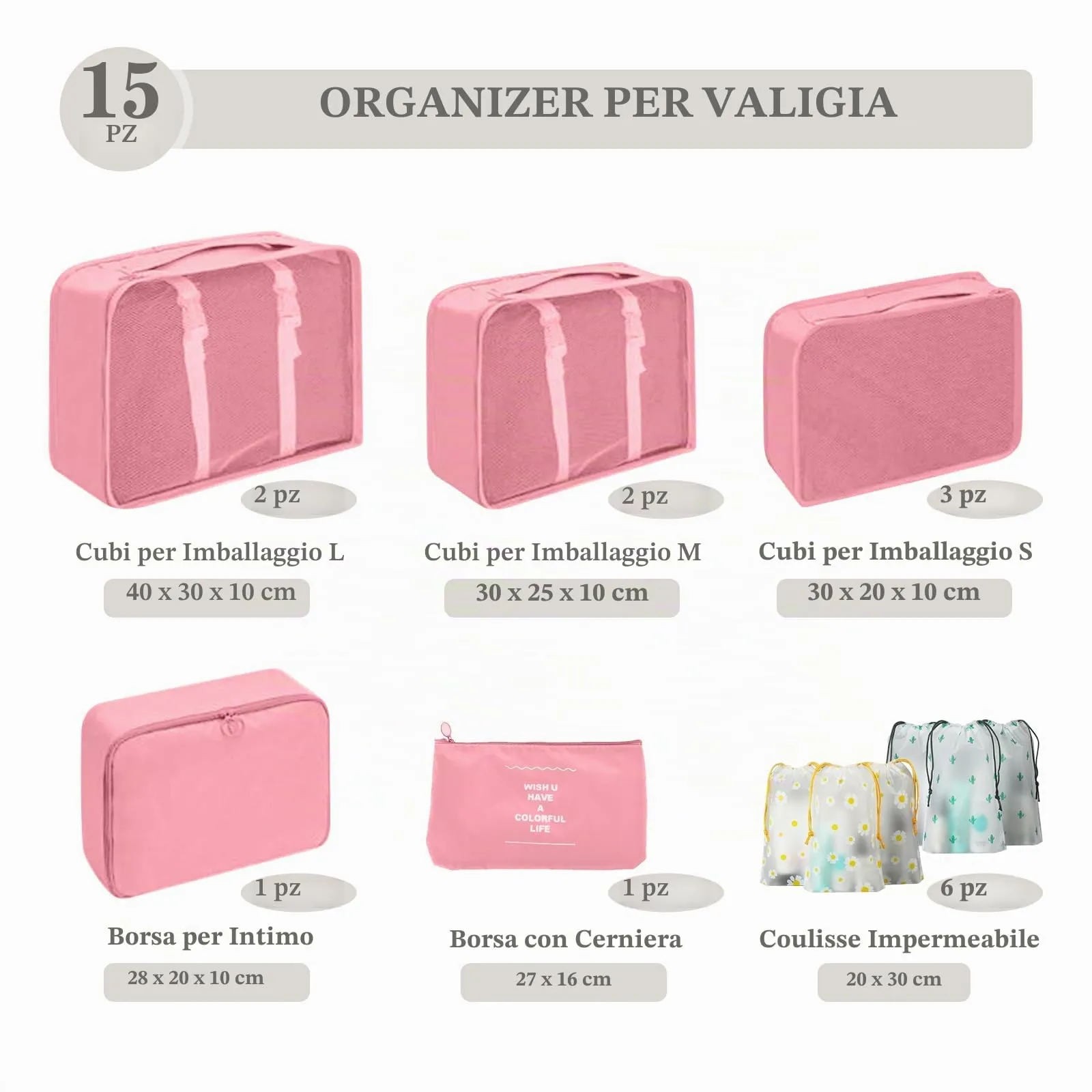 GIBOHOM Organizer Valigia, 15 Pezzi Set Organizer per Valigia, Packing Cubes per Vacanze e Viaggi, Divisori Valigia con Tasche Trasparenti, Rosa - immagine 2