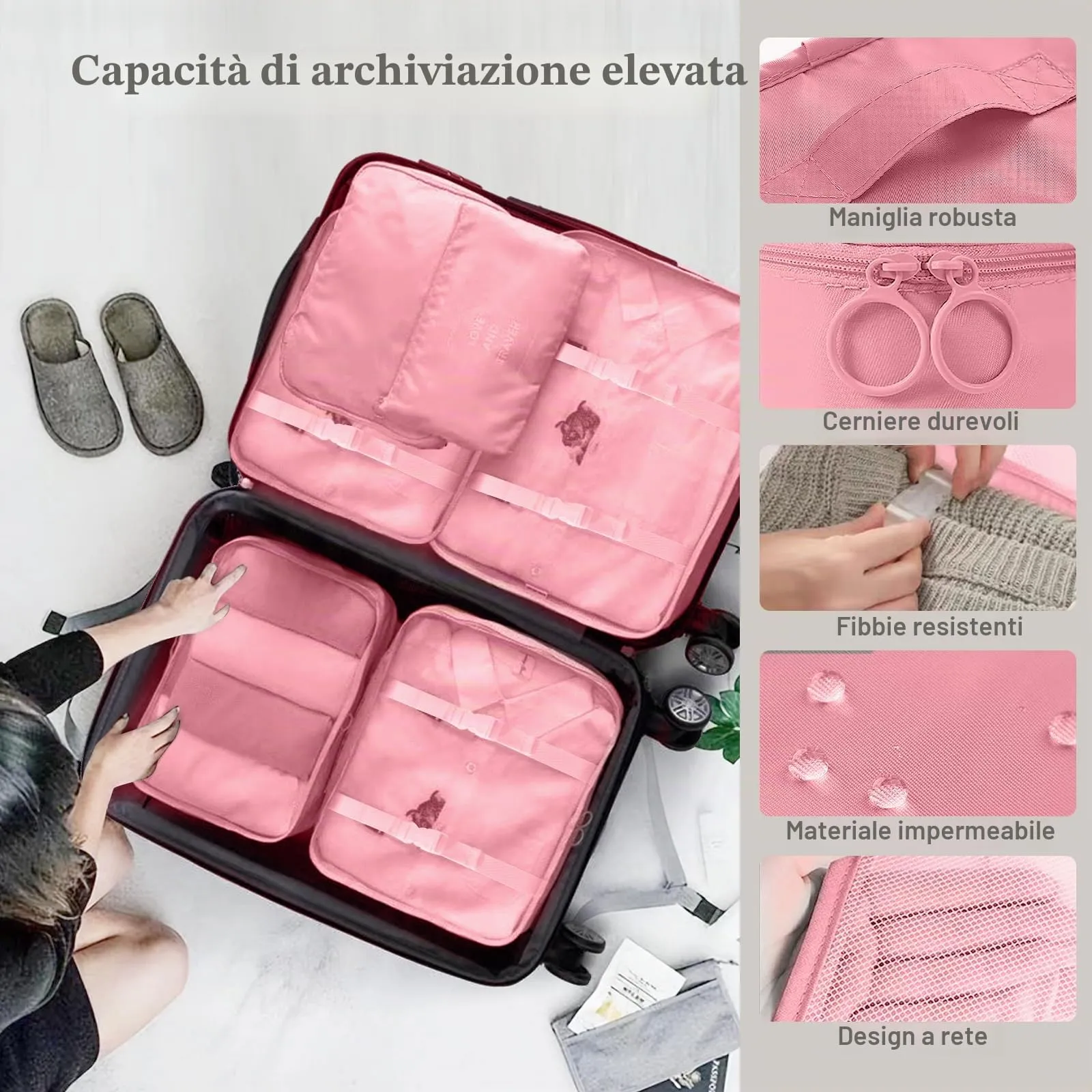 GIBOHOM Organizer Valigia, 15 Pezzi Set Organizer per Valigia, Packing Cubes per Vacanze e Viaggi, Divisori Valigia con Tasche Trasparenti, Rosa - immagine 3