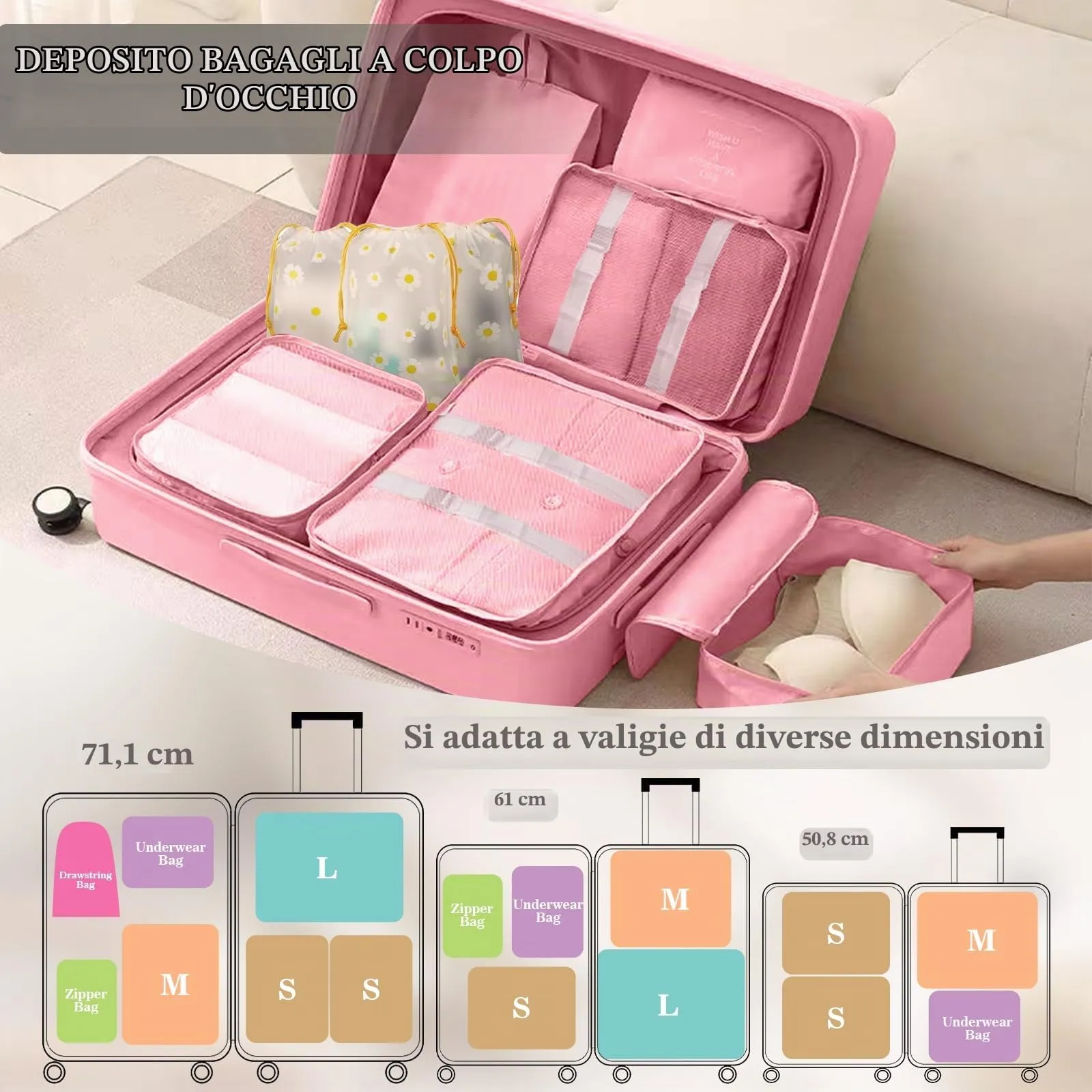 GIBOHOM Organizer Valigia, 15 Pezzi Set Organizer per Valigia, Packing Cubes per Vacanze e Viaggi, Divisori Valigia con Tasche Trasparenti, Rosa - immagine 5