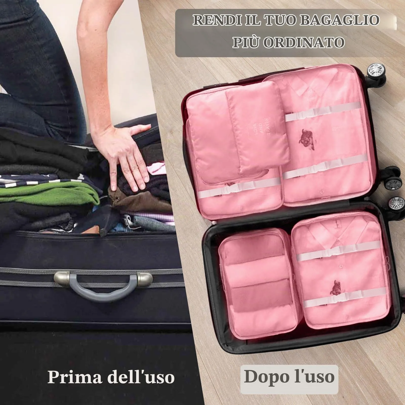 GIBOHOM Organizer Valigia, 15 Pezzi Set Organizer per Valigia, Packing Cubes per Vacanze e Viaggi, Divisori Valigia con Tasche Trasparenti, Rosa - immagine 6