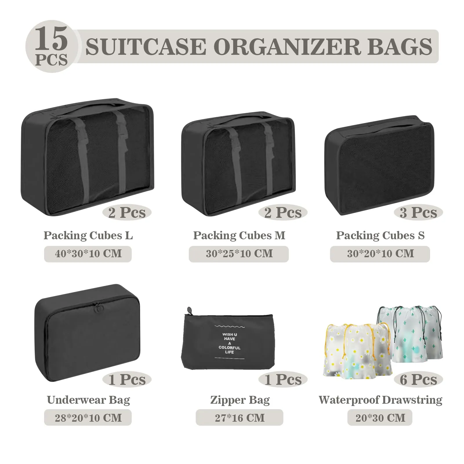 GIBOHOM Organizer Valigia, 15 Pezzi Set Organizer per Valigia, Packing Cubes per Vacanze e Viaggi, Divisori Valigia con Tasche Trasparenti, Nero - immagine 2