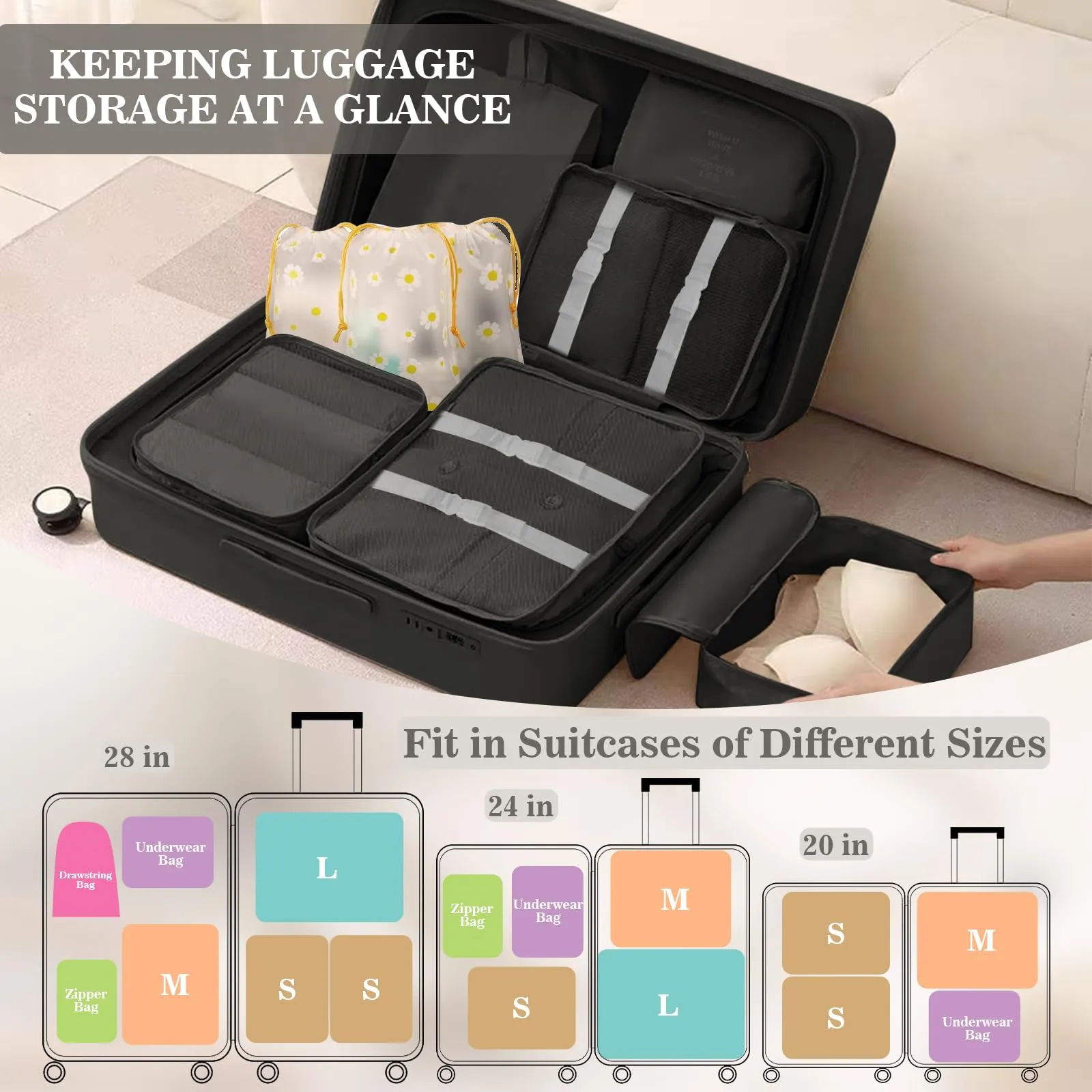 GIBOHOM Organizer Valigia, 15 Pezzi Set Organizer per Valigia, Packing Cubes per Vacanze e Viaggi, Divisori Valigia con Tasche Trasparenti, Nero - immagine 5