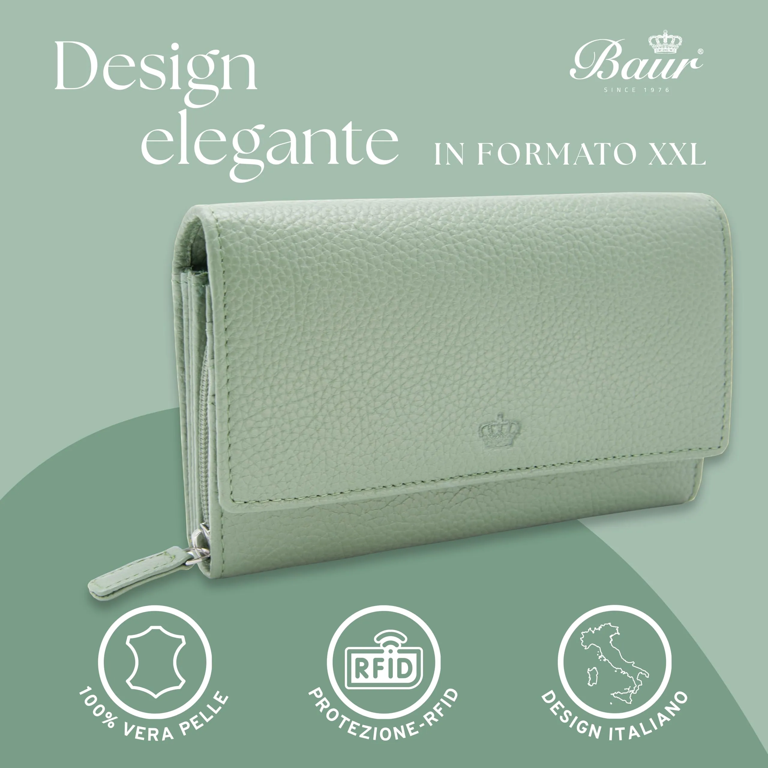 Baur portafoglio da donna XXL – vera pelle con protezione RFID – portafoglio extra grande con 18 scomparti per carte – chiusura a bottone a pressione & tasca portamonete con cerniera (Verde salvia) - immagine 2
