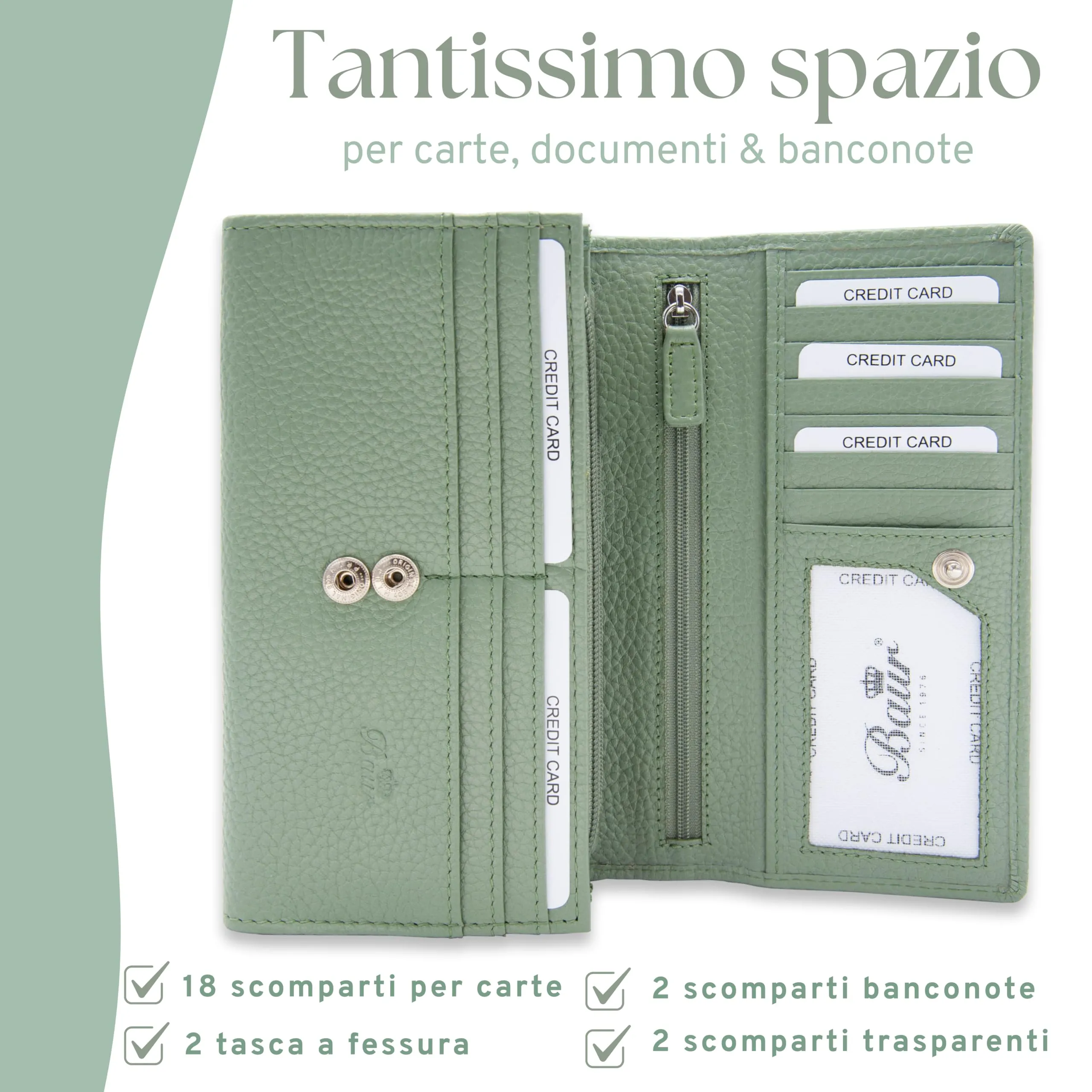 Baur portafoglio da donna XXL – vera pelle con protezione RFID – portafoglio extra grande con 18 scomparti per carte – chiusura a bottone a pressione & tasca portamonete con cerniera (Verde salvia) - immagine 3