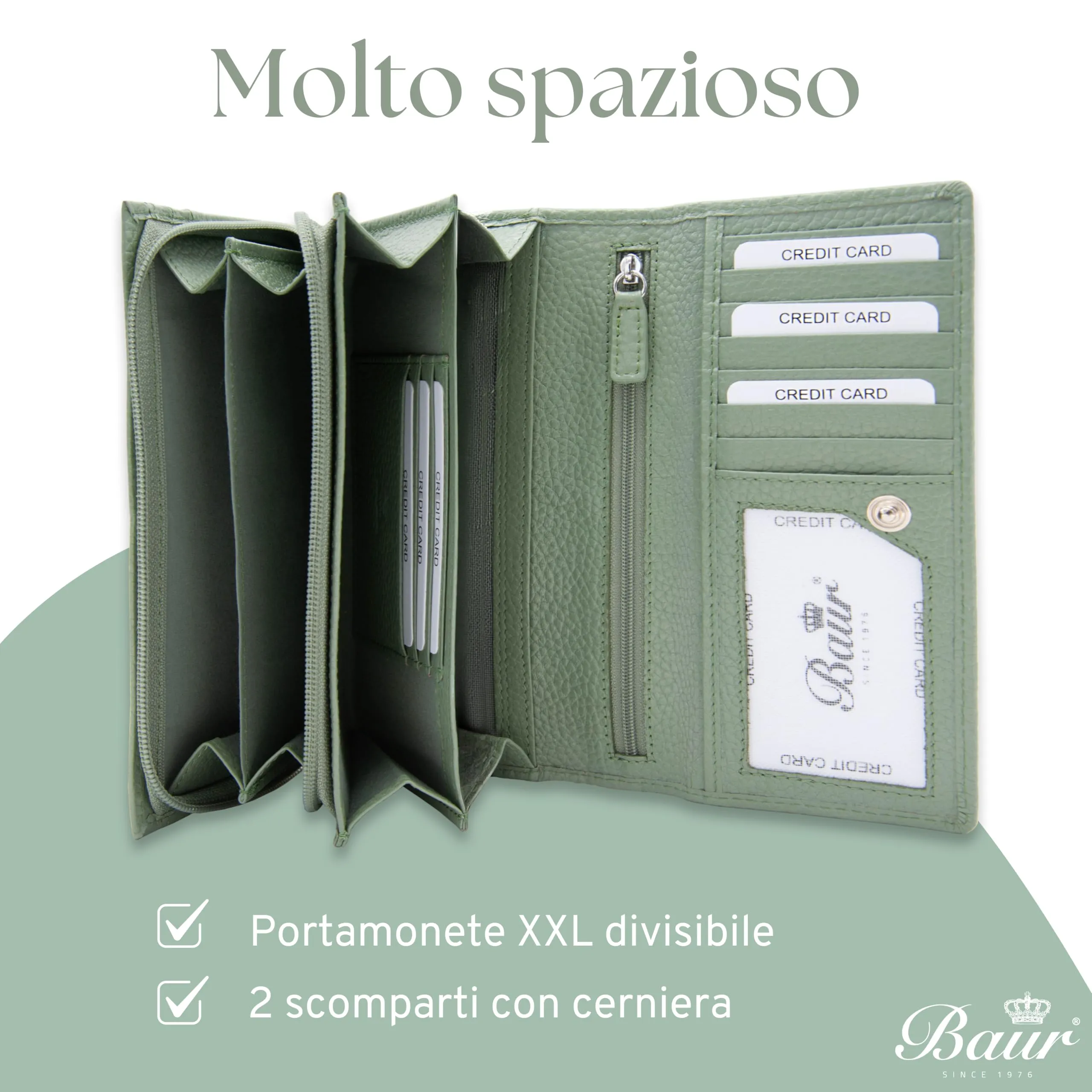 Baur portafoglio da donna XXL – vera pelle con protezione RFID – portafoglio extra grande con 18 scomparti per carte – chiusura a bottone a pressione & tasca portamonete con cerniera (Verde salvia) - immagine 4