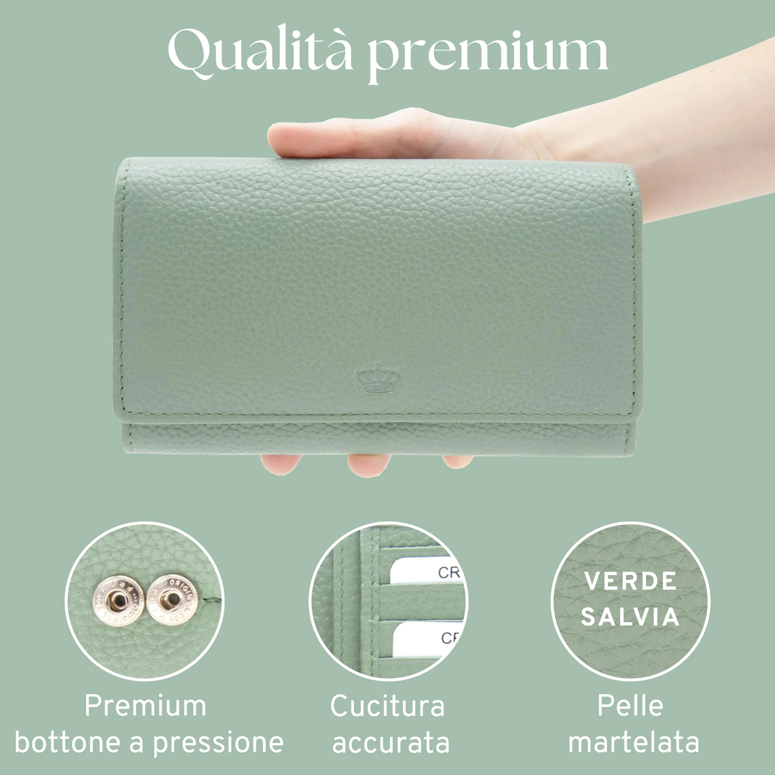 Baur portafoglio da donna XXL – vera pelle con protezione RFID – portafoglio extra grande con 18 scomparti per carte – chiusura a bottone a pressione & tasca portamonete con cerniera (Verde salvia) - immagine 5