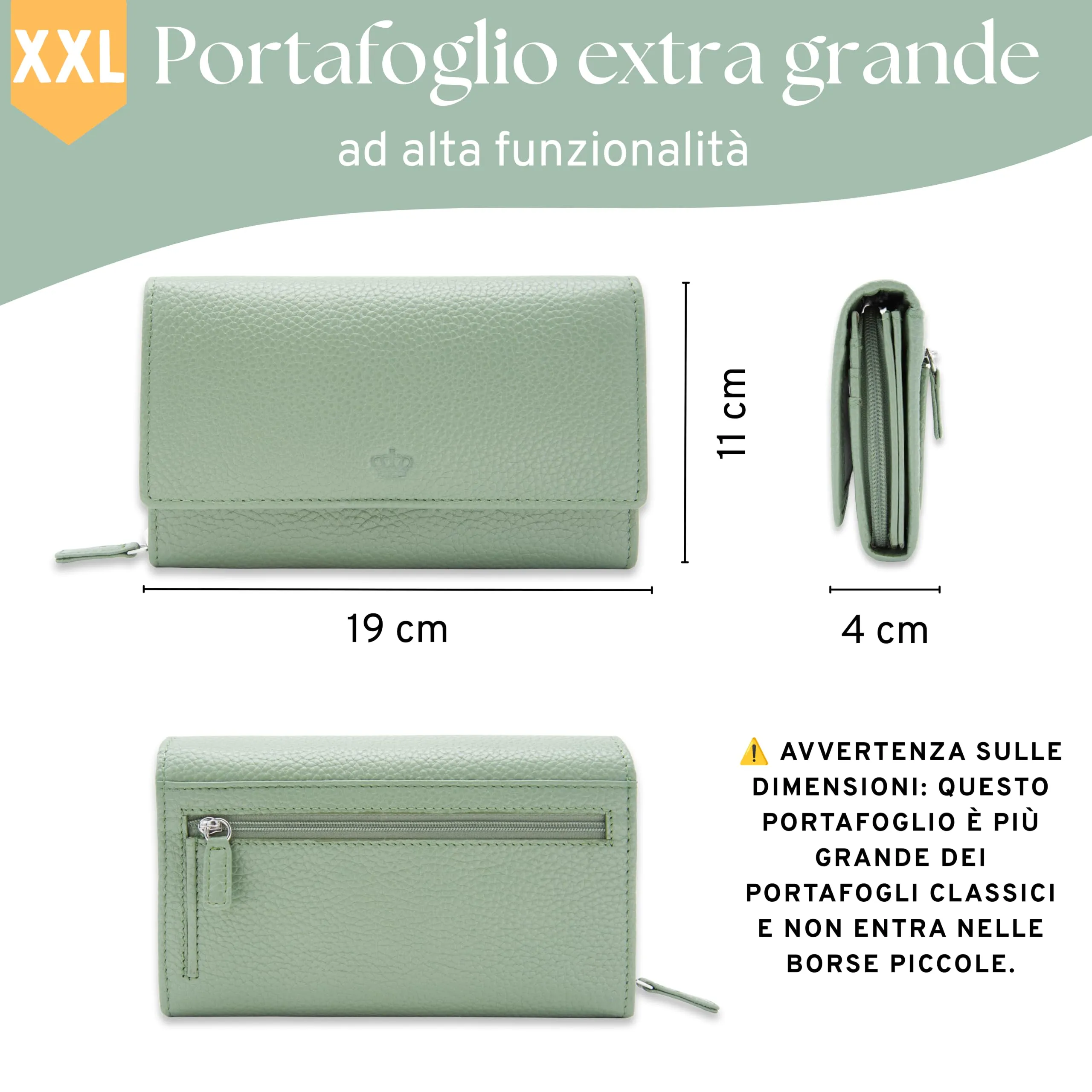 Baur portafoglio da donna XXL – vera pelle con protezione RFID – portafoglio extra grande con 18 scomparti per carte – chiusura a bottone a pressione & tasca portamonete con cerniera (Verde salvia) - immagine 6