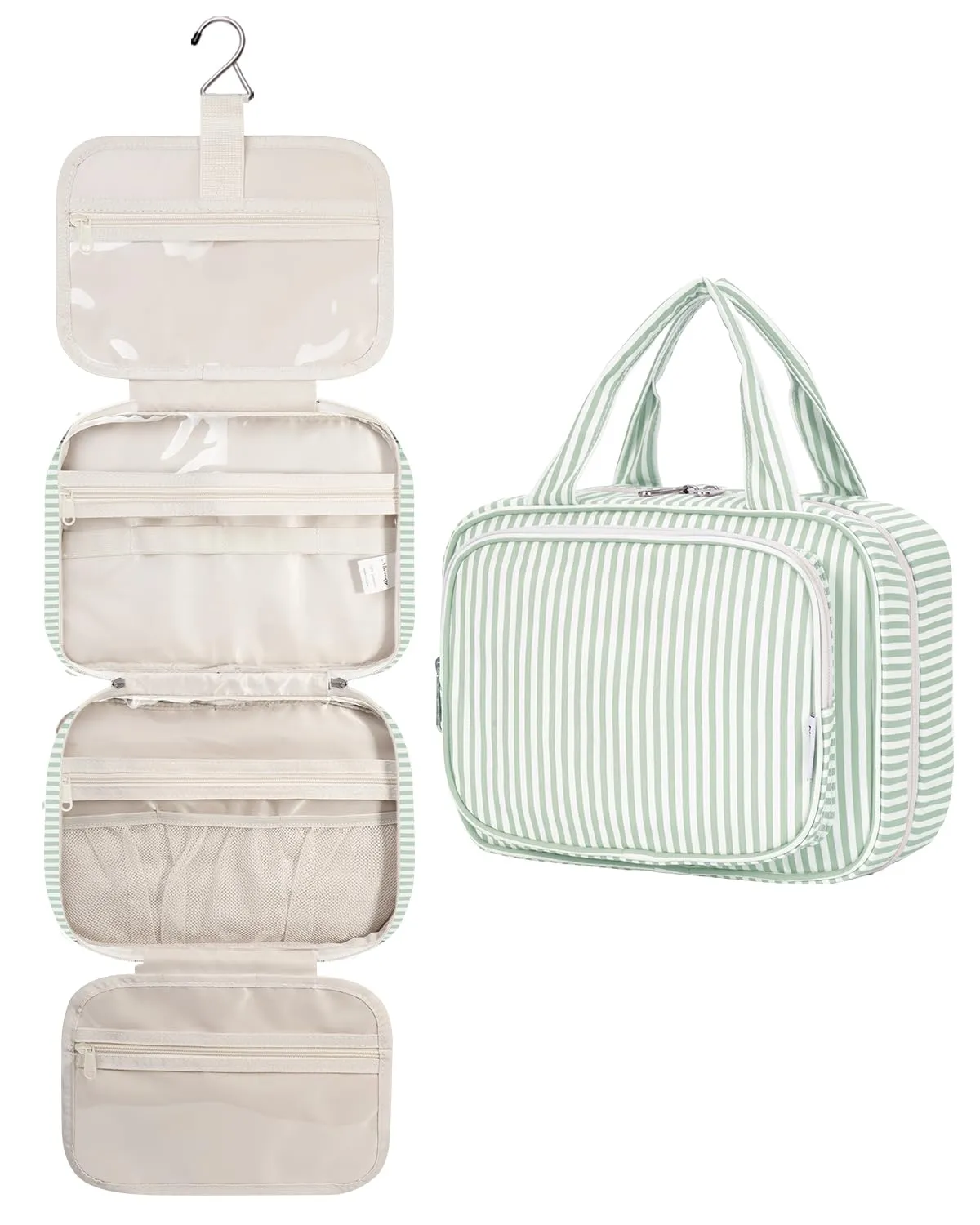 Narwey Beauty Case da Appendere Viaggio, Beauty Case da Appendere per Donna Uomo,Borsa da Toilette da Travel Kit Viaggio, Trousse Pochette Trucchi Donna per Viaggio (Striscia Verde Menta (Medio)) - immagine 1