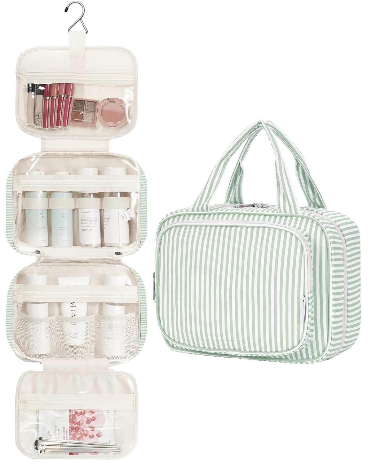 Narwey Beauty Case da Appendere Viaggio, Beauty Case da Appendere per Donna Uomo,Borsa da Toilette da Travel Kit Viaggio, Trousse Pochette Trucchi Donna per Viaggio (Striscia Verde Menta (Medio)) - immagine 2