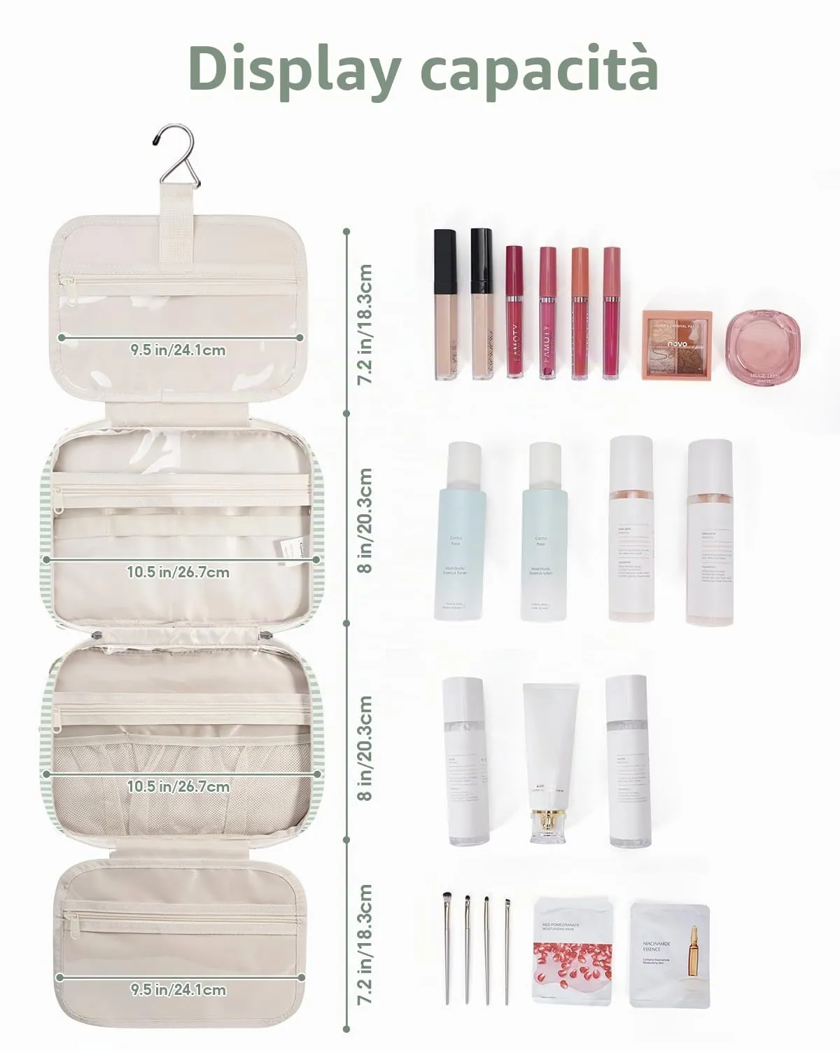Narwey Beauty Case da Appendere Viaggio, Beauty Case da Appendere per Donna Uomo,Borsa da Toilette da Travel Kit Viaggio, Trousse Pochette Trucchi Donna per Viaggio (Striscia Verde Menta (Medio)) - immagine 3