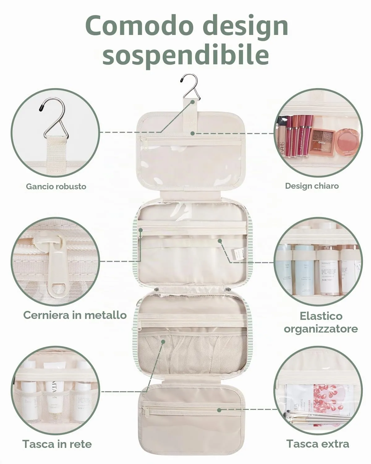 Narwey Beauty Case da Appendere Viaggio, Beauty Case da Appendere per Donna Uomo,Borsa da Toilette da Travel Kit Viaggio, Trousse Pochette Trucchi Donna per Viaggio (Striscia Verde Menta (Medio)) - immagine 4