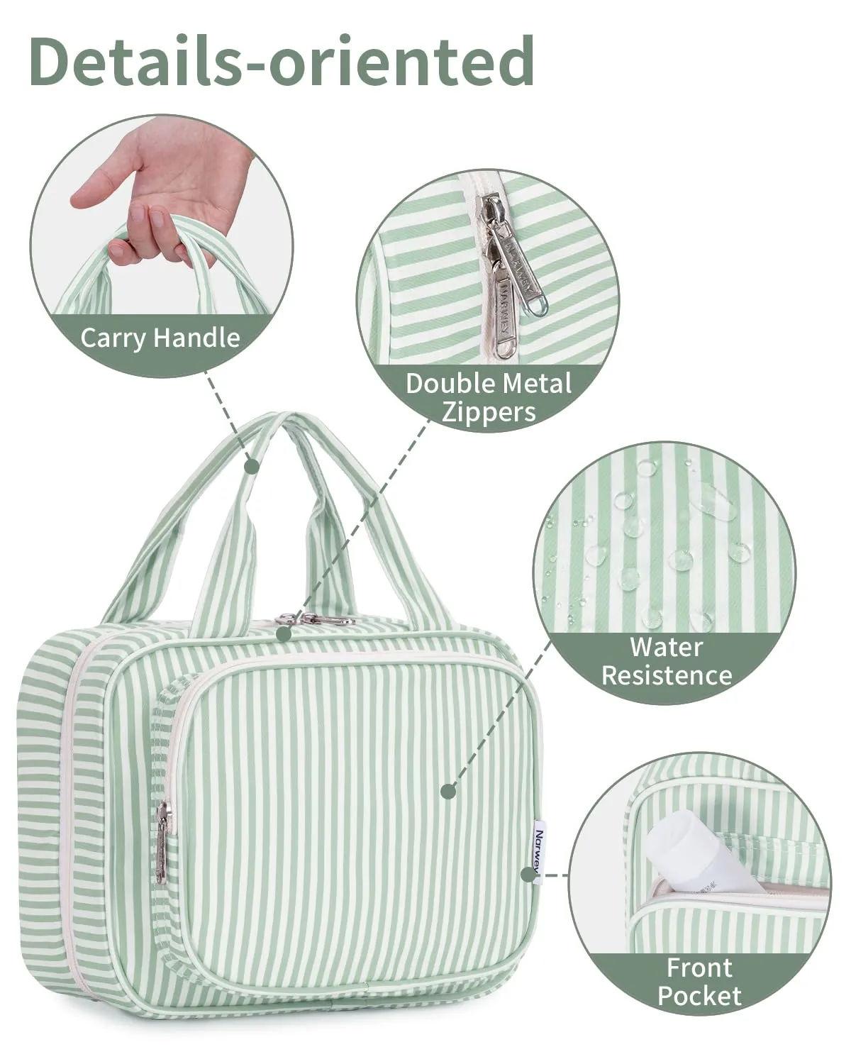 Narwey Beauty Case da Appendere Viaggio, Beauty Case da Appendere per Donna Uomo,Borsa da Toilette da Travel Kit Viaggio, Trousse Pochette Trucchi Donna per Viaggio (Striscia Verde Menta (Medio)) - immagine 7