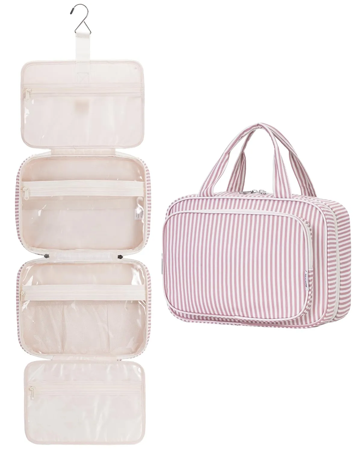 Narwey Beauty Case da Grande Viaggio, Beauty Case da Appendere per Donna Uomo,Borsa da Toilette da Travel Kit Viaggio, Grande Trousse Pochette Trucchi Donna (Striscia Rosa Polvere (Grande)) - immagine 1