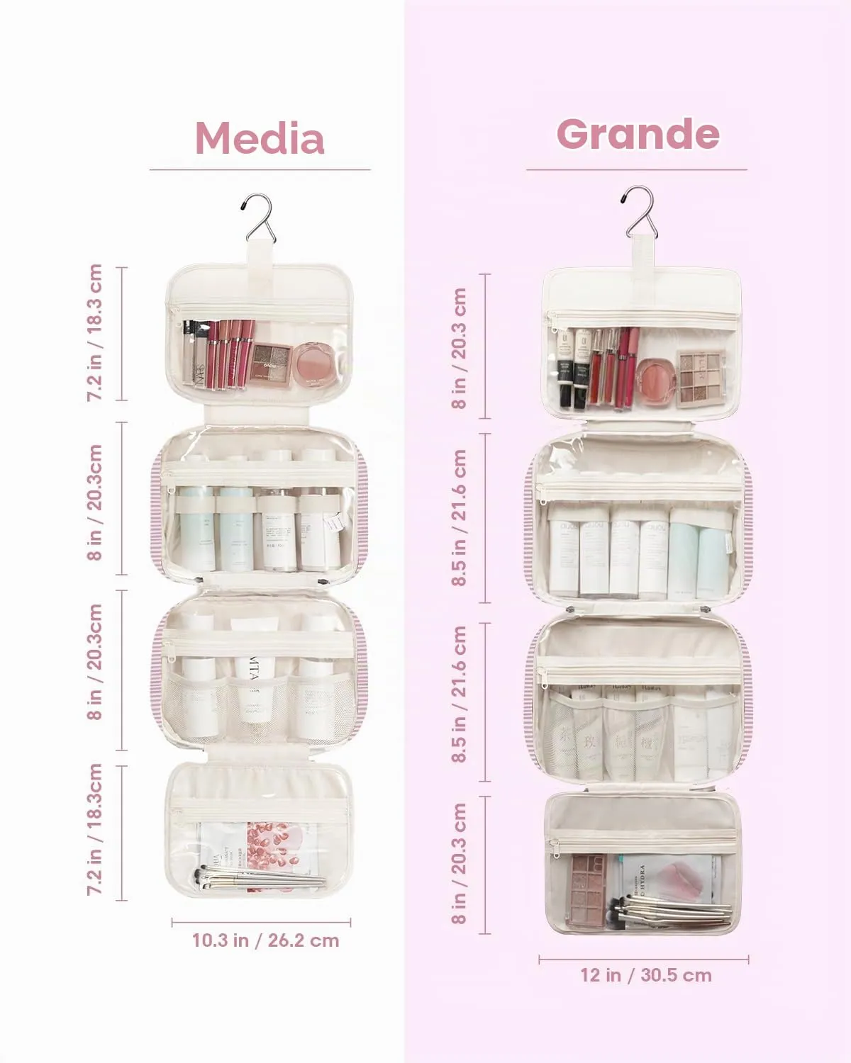 Narwey Beauty Case da Grande Viaggio, Beauty Case da Appendere per Donna Uomo,Borsa da Toilette da Travel Kit Viaggio, Grande Trousse Pochette Trucchi Donna (Striscia Rosa Polvere (Grande)) - immagine 3