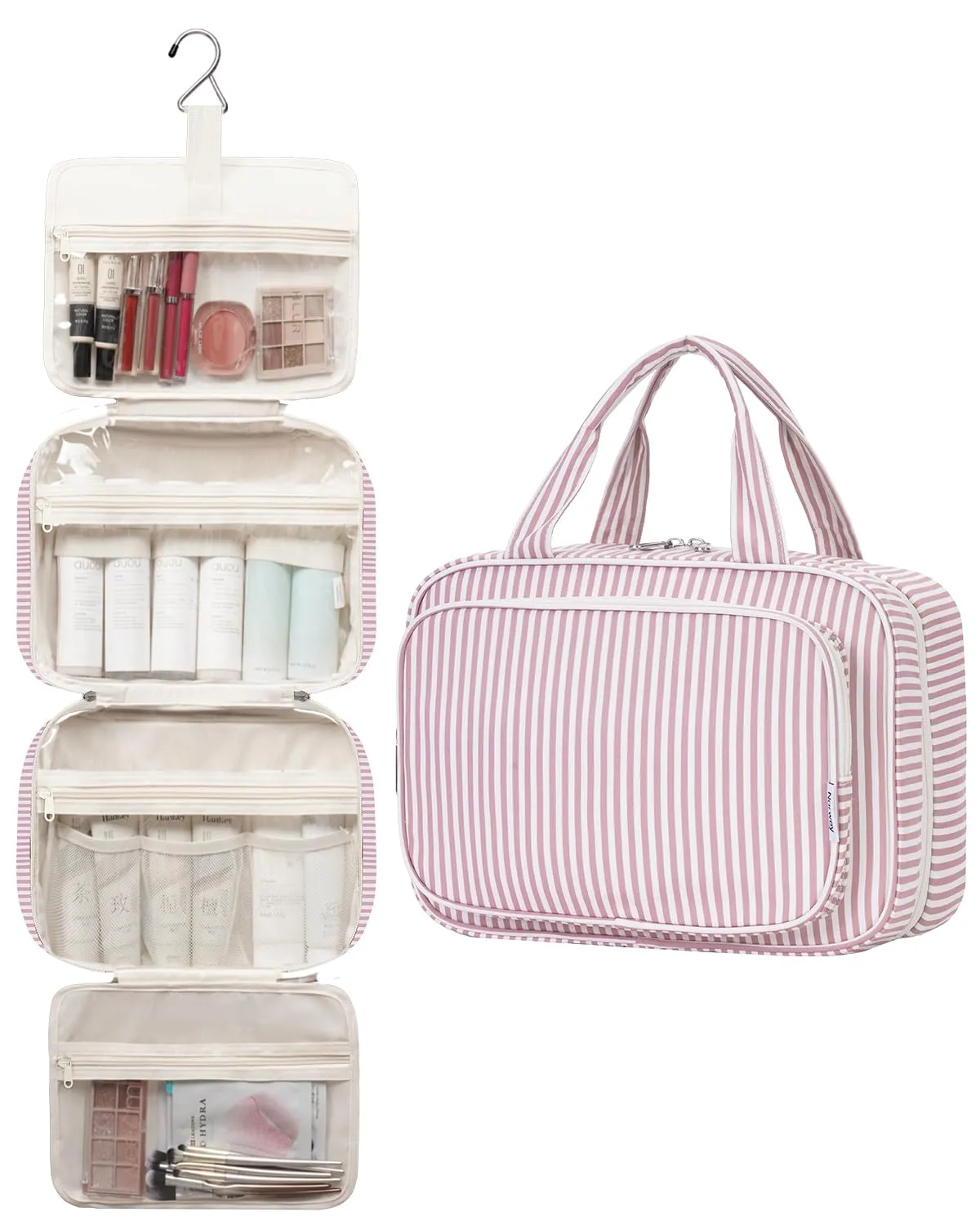 Narwey Beauty Case da Grande Viaggio, Beauty Case da Appendere per Donna Uomo,Borsa da Toilette da Travel Kit Viaggio, Grande Trousse Pochette Trucchi Donna (Striscia Rosa Polvere (Grande)) - immagine 4