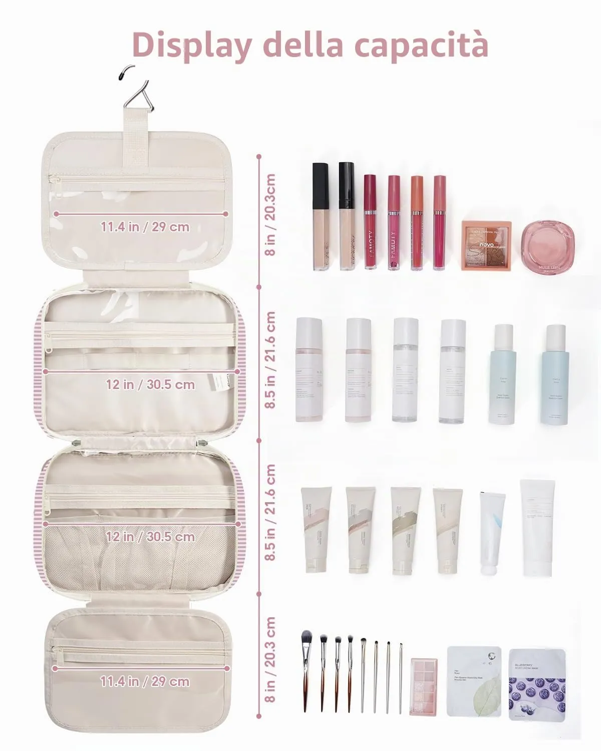 Narwey Beauty Case da Grande Viaggio, Beauty Case da Appendere per Donna Uomo,Borsa da Toilette da Travel Kit Viaggio, Grande Trousse Pochette Trucchi Donna (Striscia Rosa Polvere (Grande)) - immagine 5