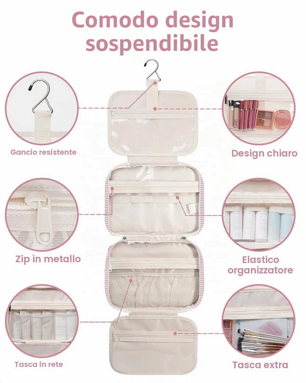 Narwey Beauty Case da Grande Viaggio, Beauty Case da Appendere per Donna Uomo,Borsa da Toilette da Travel Kit Viaggio, Grande Trousse Pochette Trucchi Donna (Striscia Rosa Polvere (Grande)) - immagine 6