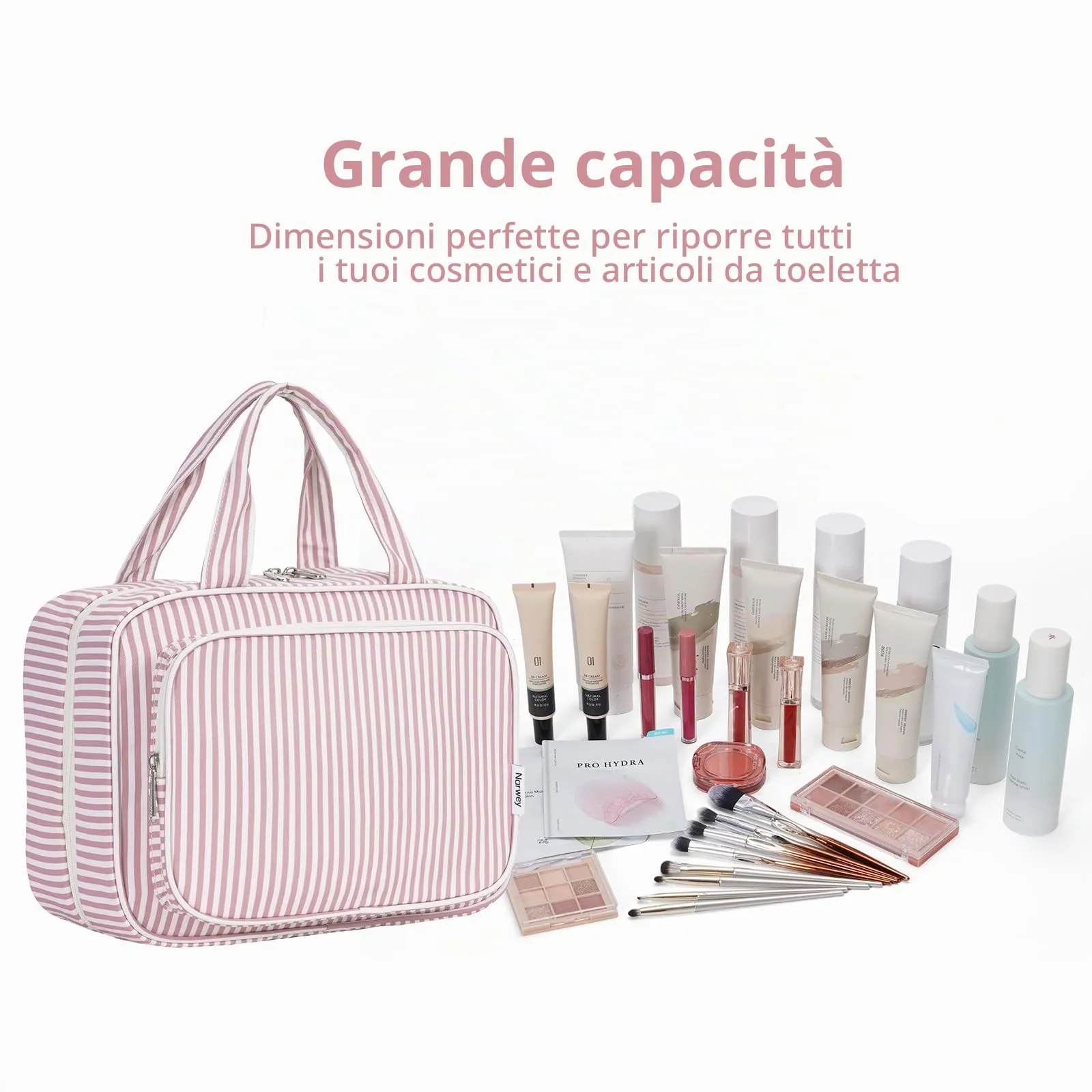 Narwey Beauty Case da Grande Viaggio, Beauty Case da Appendere per Donna Uomo,Borsa da Toilette da Travel Kit Viaggio, Grande Trousse Pochette Trucchi Donna (Striscia Rosa Polvere (Grande)) - immagine 7