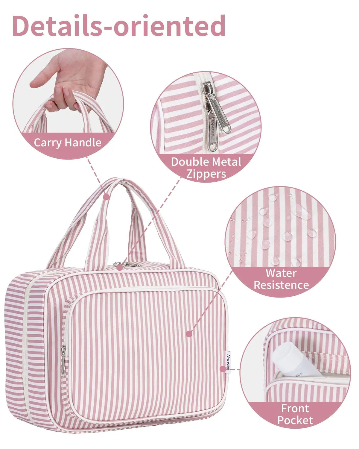Narwey Beauty Case da Grande Viaggio, Beauty Case da Appendere per Donna Uomo,Borsa da Toilette da Travel Kit Viaggio, Grande Trousse Pochette Trucchi Donna (Striscia Rosa Polvere (Grande)) - immagine 8